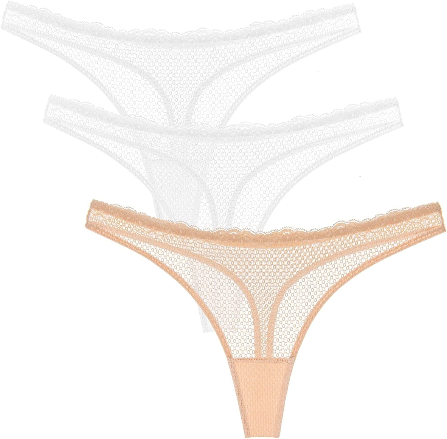 Wingslove Women'S 3 Pack See through G-String Sexy Lace Thongs Underwear Hipster Bikini Panties White,white,nude / X-Large