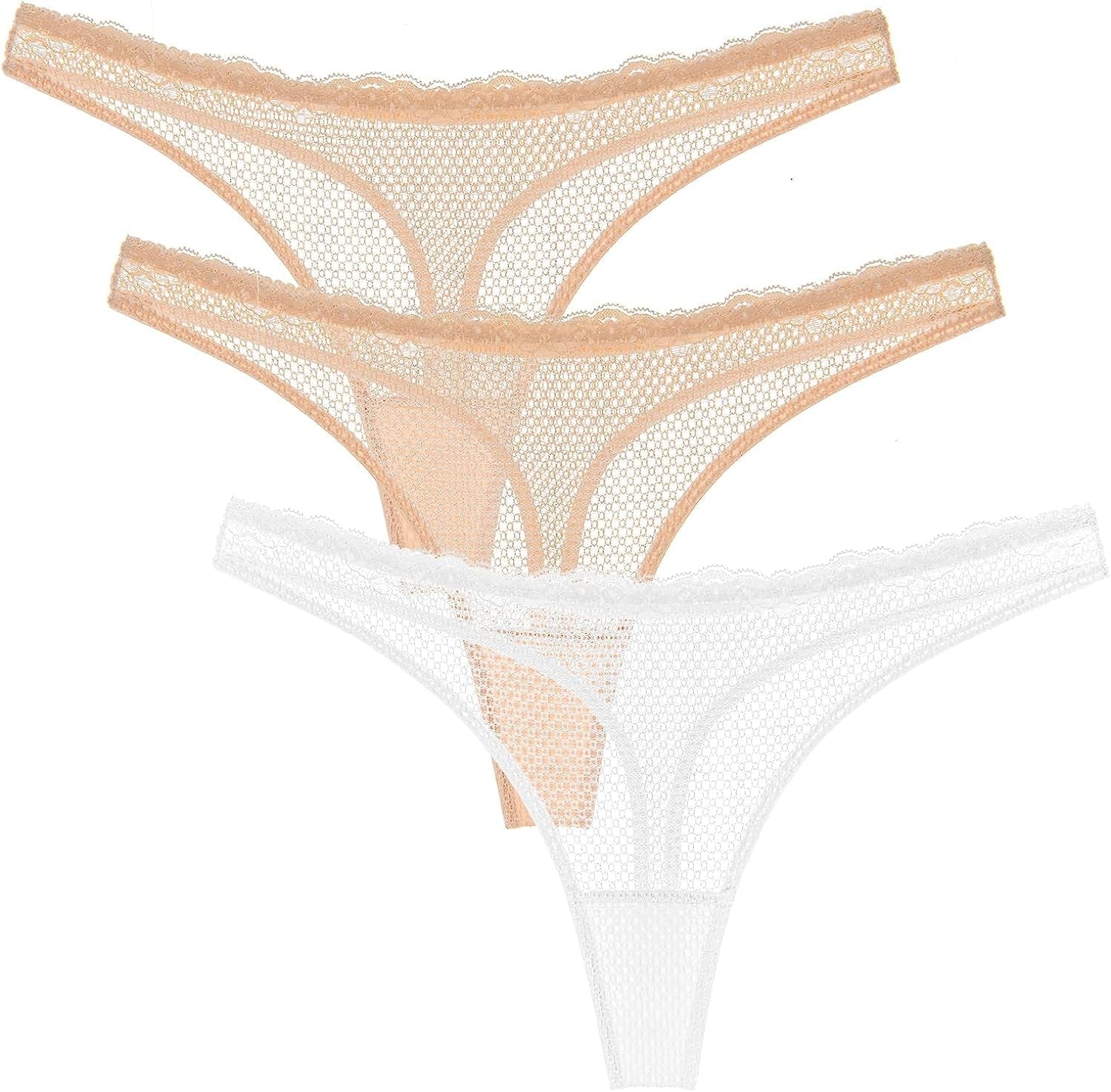 Wingslove Women'S 3 Pack See through G-String Sexy Lace Thongs Underwear Hipster Bikini Panties Nude,nude,white / Small