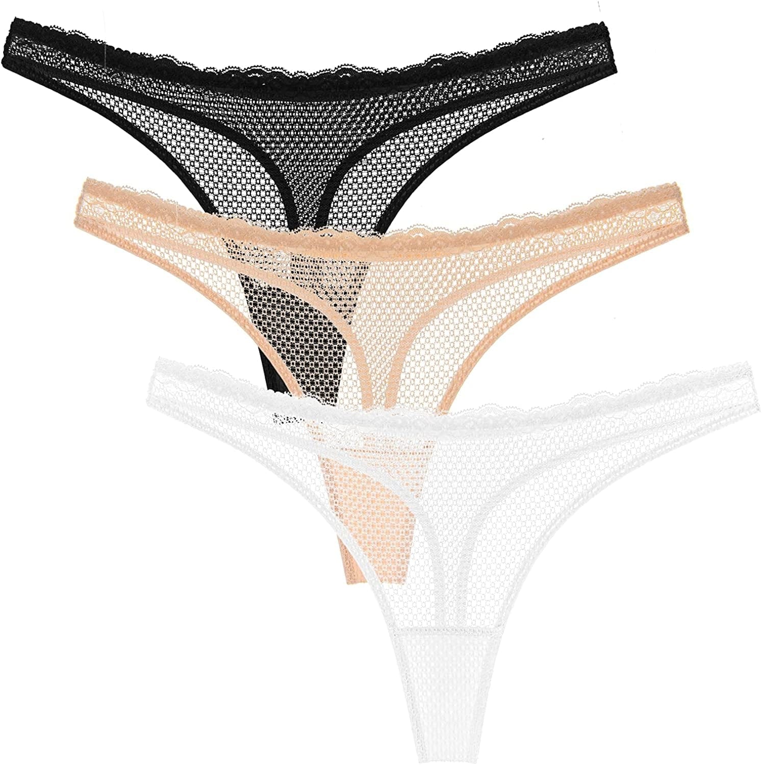 Wingslove Women'S 3 Pack See through G-String Sexy Lace Thongs Underwear Hipster Bikini Panties Black,white,nude / X-Large