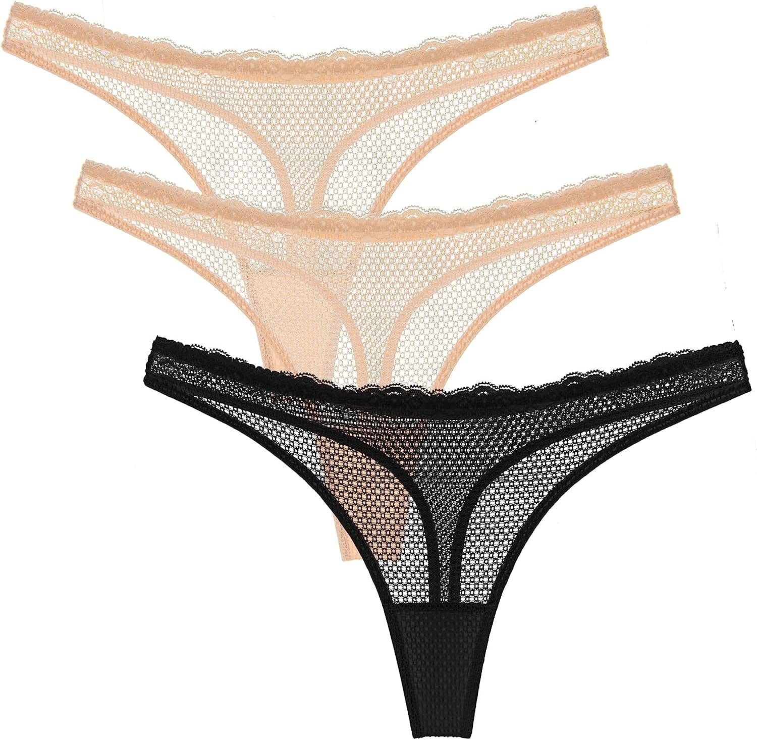 Wingslove Women'S 3 Pack See through G-String Sexy Lace Thongs Underwear Hipster Bikini Panties Nude,nude,black / Large