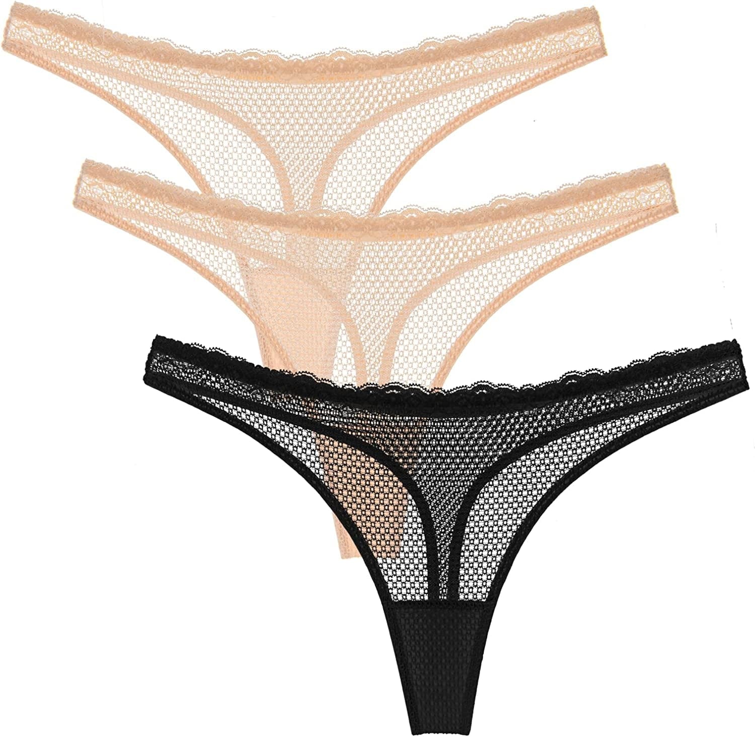 Wingslove Women'S 3 Pack See through G-String Sexy Lace Thongs Underwear Hipster Bikini Panties Nude,nude,black / X-Large