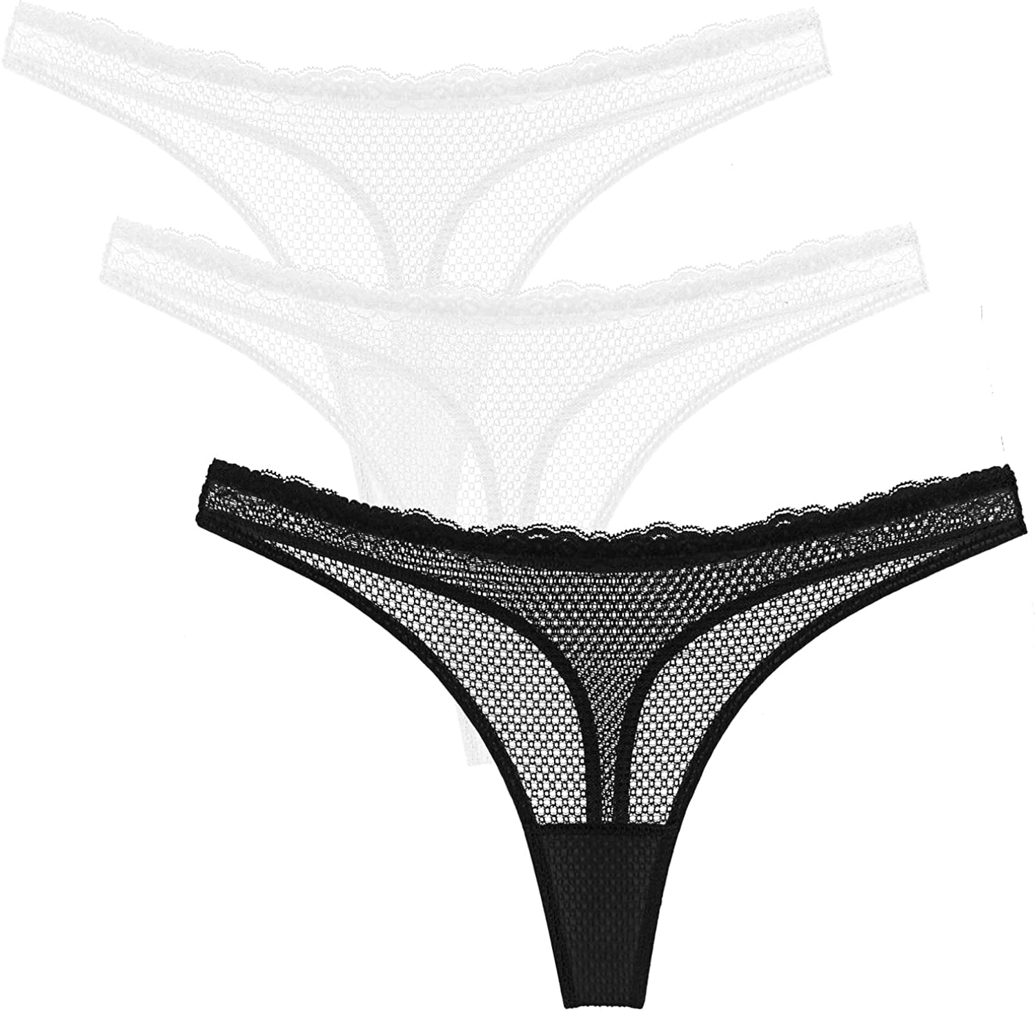 Wingslove Women'S 3 Pack See through G-String Sexy Lace Thongs Underwear Hipster Bikini Panties White,white,black / X-Large
