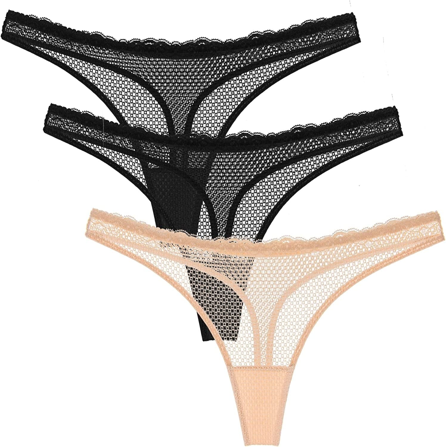 Wingslove Women'S 3 Pack See through G-String Sexy Lace Thongs Underwear Hipster Bikini Panties Black,black,nude / X-Large