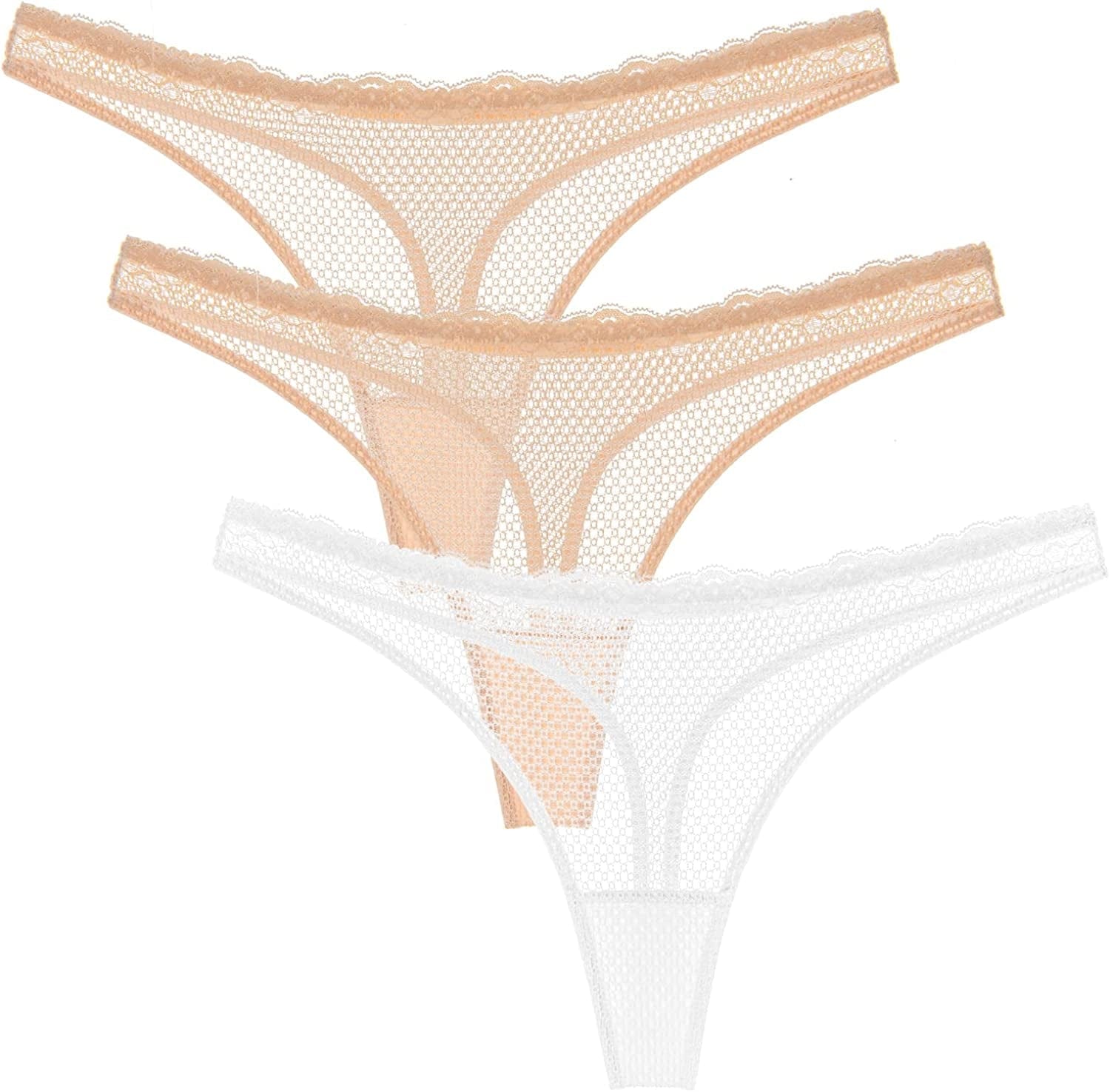Wingslove Women'S 3 Pack See through G-String Sexy Lace Thongs Underwear Hipster Bikini Panties Nude,nude,white / X-Large