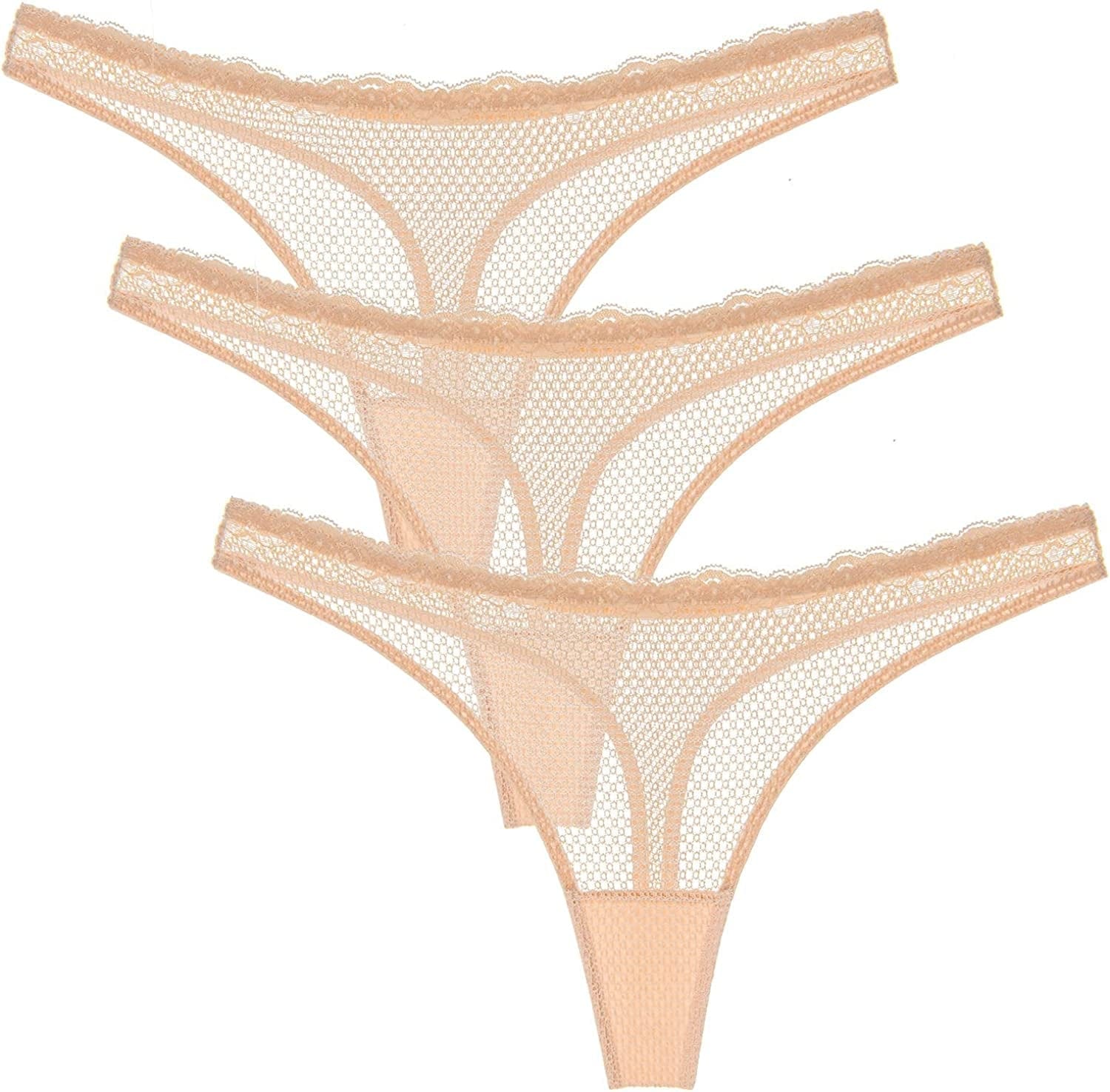 Wingslove Women'S 3 Pack See through G-String Sexy Lace Thongs Underwear Hipster Bikini Panties 3 Nude / X-Large