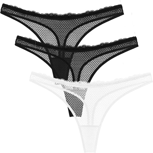 Wingslove Women'S 3 Pack See through G-String Sexy Lace Thongs Underwear Hipster Bikini Panties Black,black,white / Large