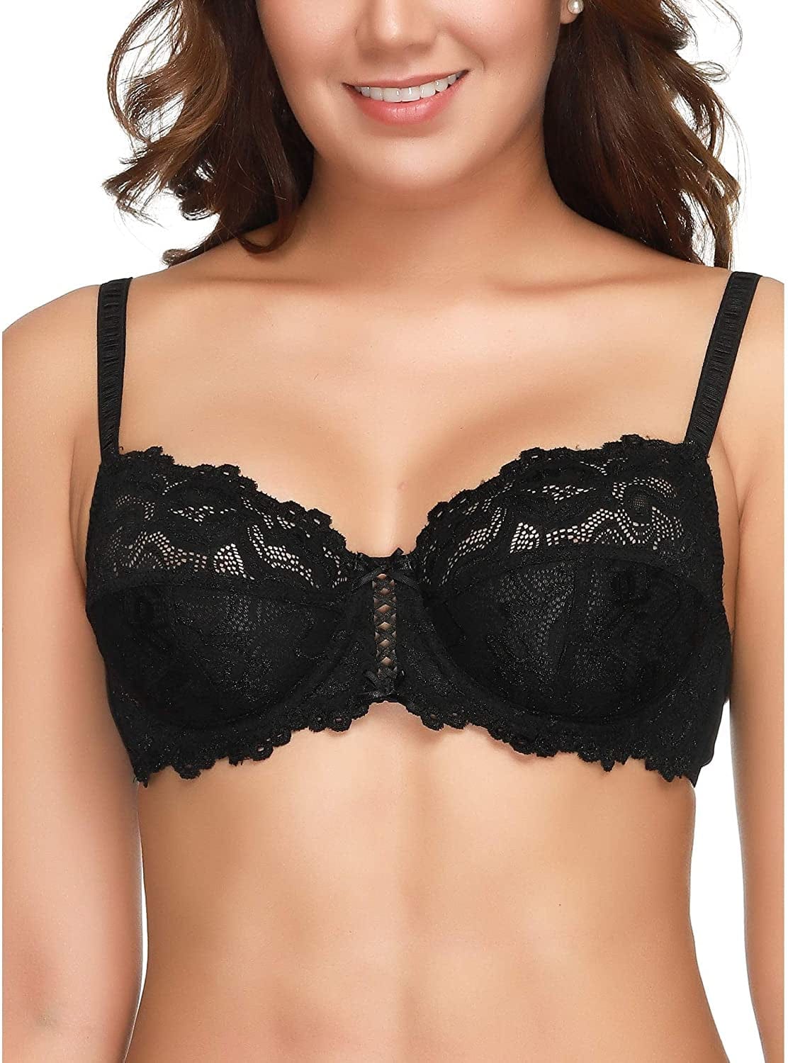Wingslove Women'S Floral Lace Bra Full Coverage Underwire Unlined Soft Bra Light Weight Black / 36B