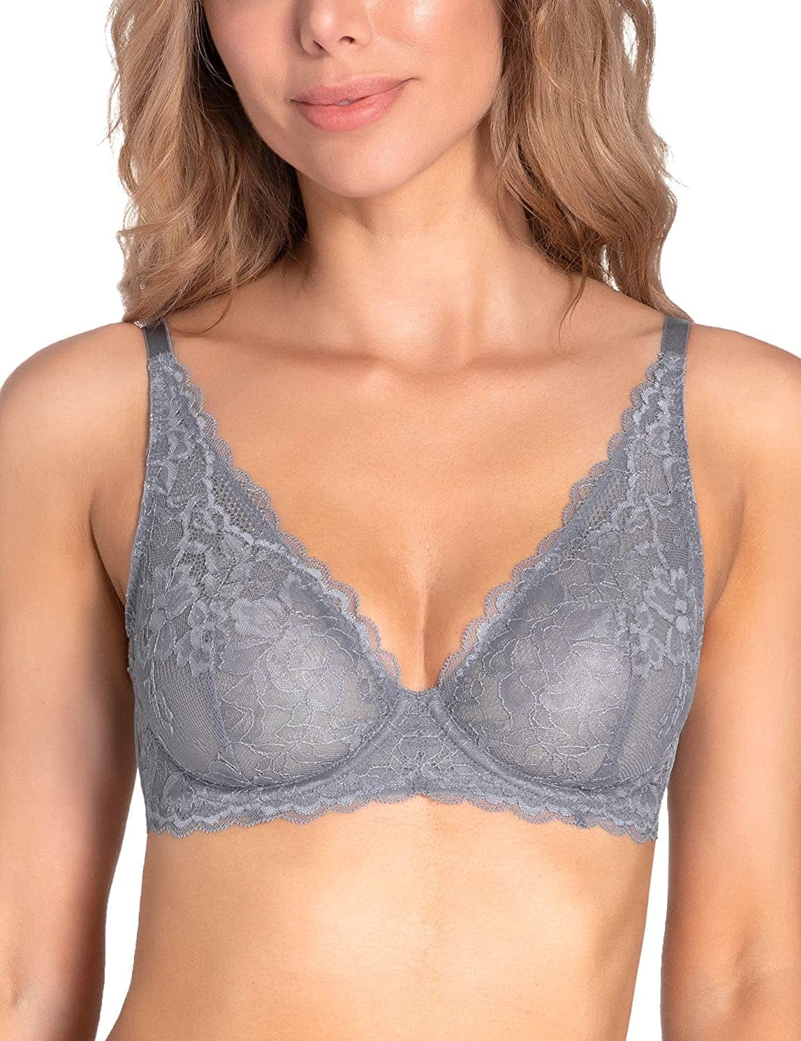 Wingslove Women'S Sexy Bra Sheer Lace Bra Plunge Unlined Full Coverage See through Underwire Bra Grey / 36DD