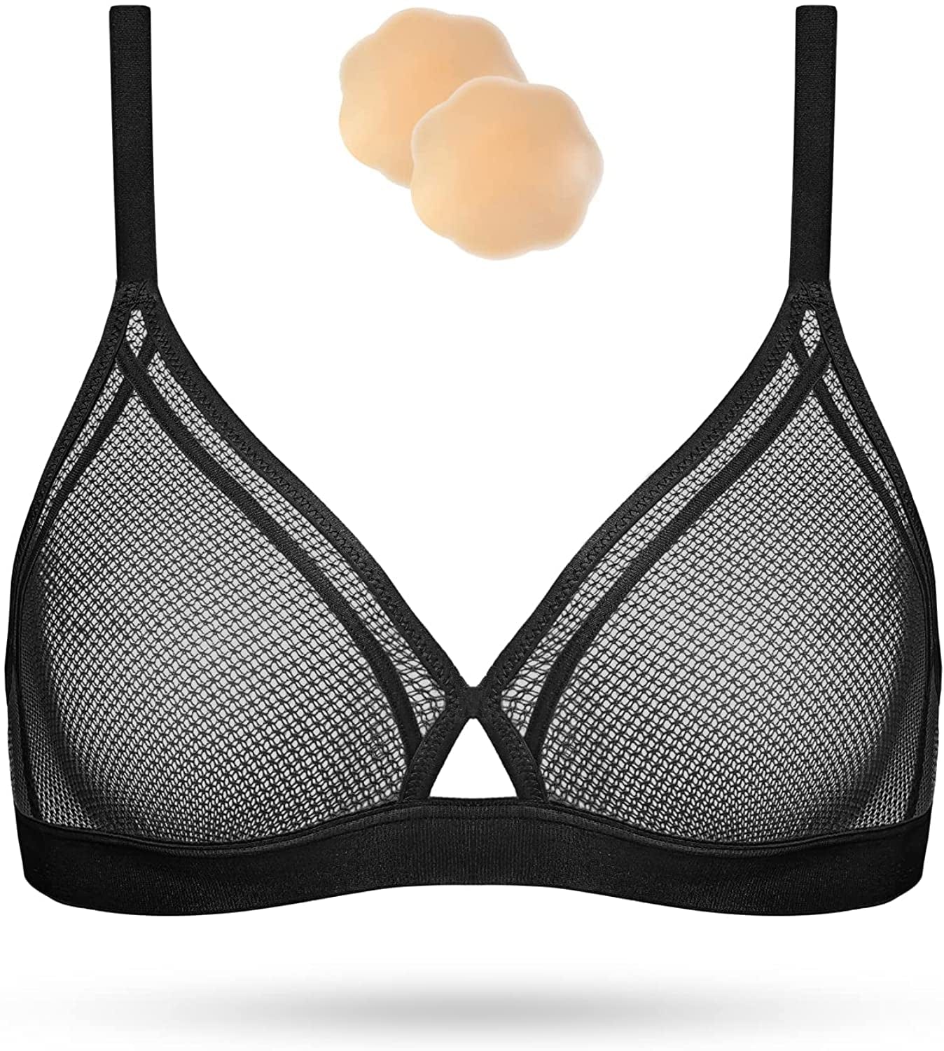 Wingslove Women'S Sexy Lace Bra Sheer Mesh See through Bralette Unlined Wireless Plunge Triangle Transparent Bras Black / 32B
