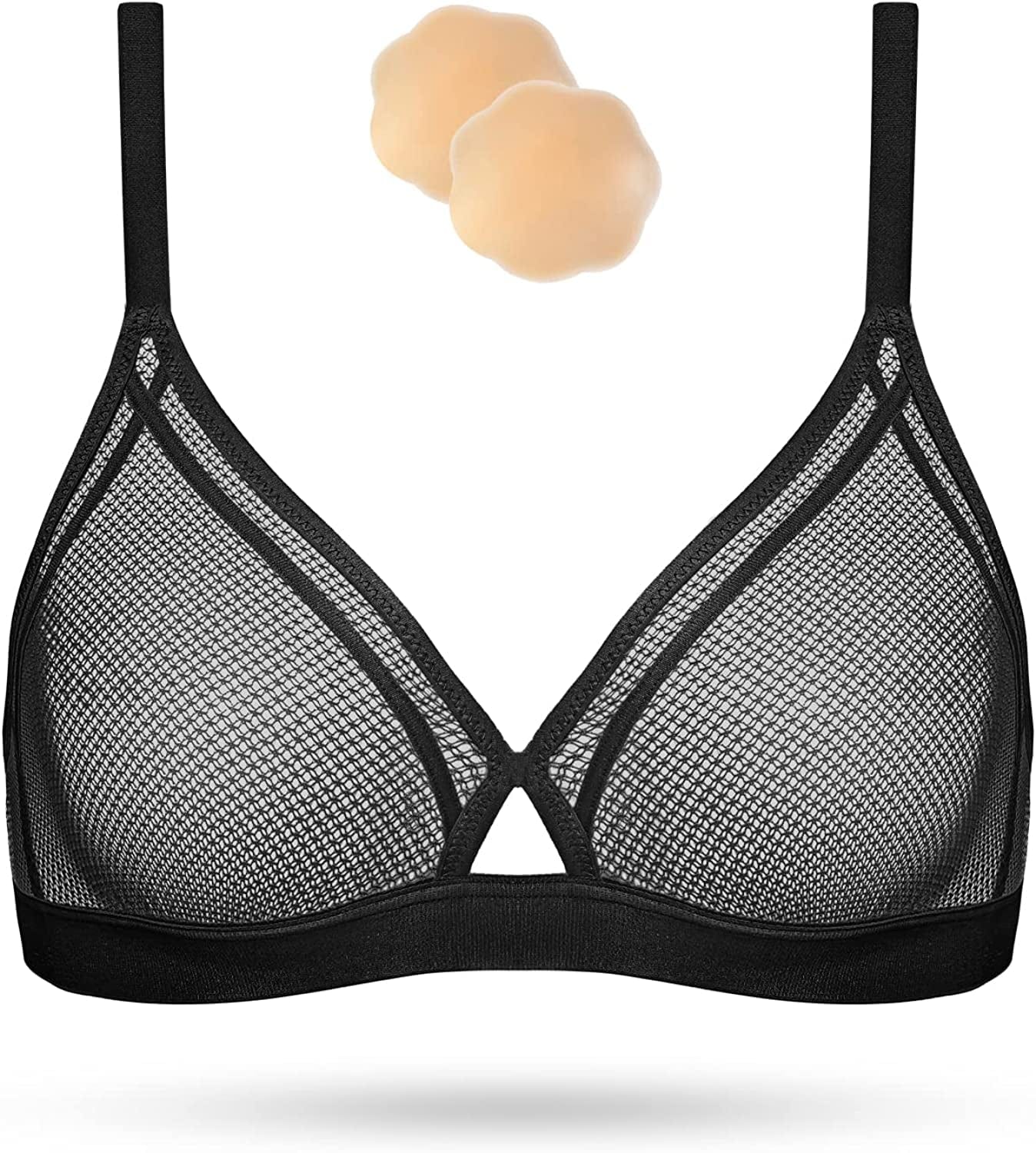 Wingslove Women'S Sexy Lace Bra Sheer Mesh See through Bralette Unlined Wireless Plunge Triangle Transparent Bras Black / 36C