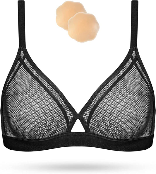 Wingslove Women'S Sexy Lace Bra Sheer Mesh See through Bralette Unlined Wireless Plunge Triangle Transparent Bras Black / 36C