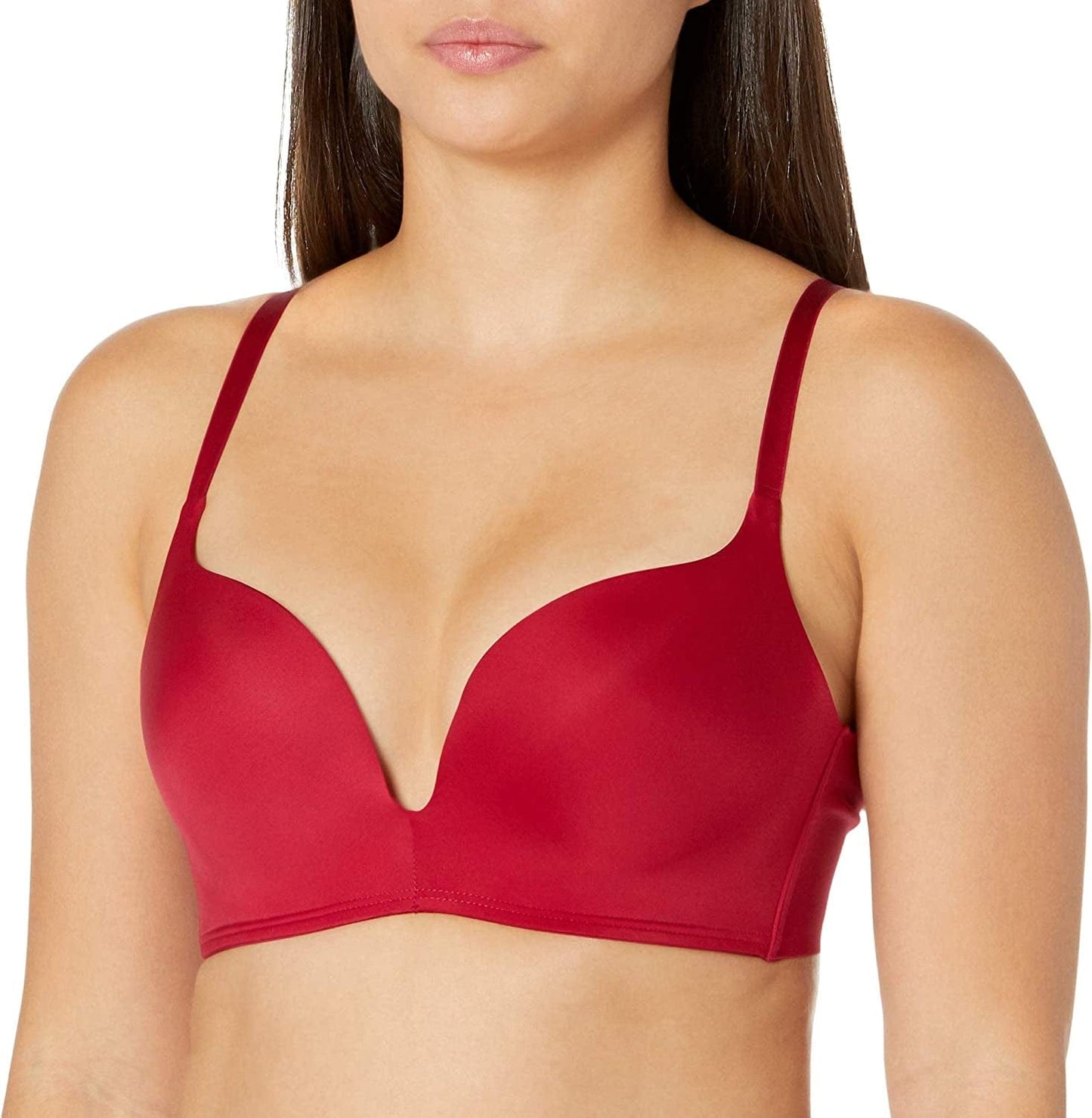 Wireless Push-Up Bra, Wirefree Bra with Demi Plunge, Convertible T-Shirt Bra with Push-Up Cups Armature Red / 32A