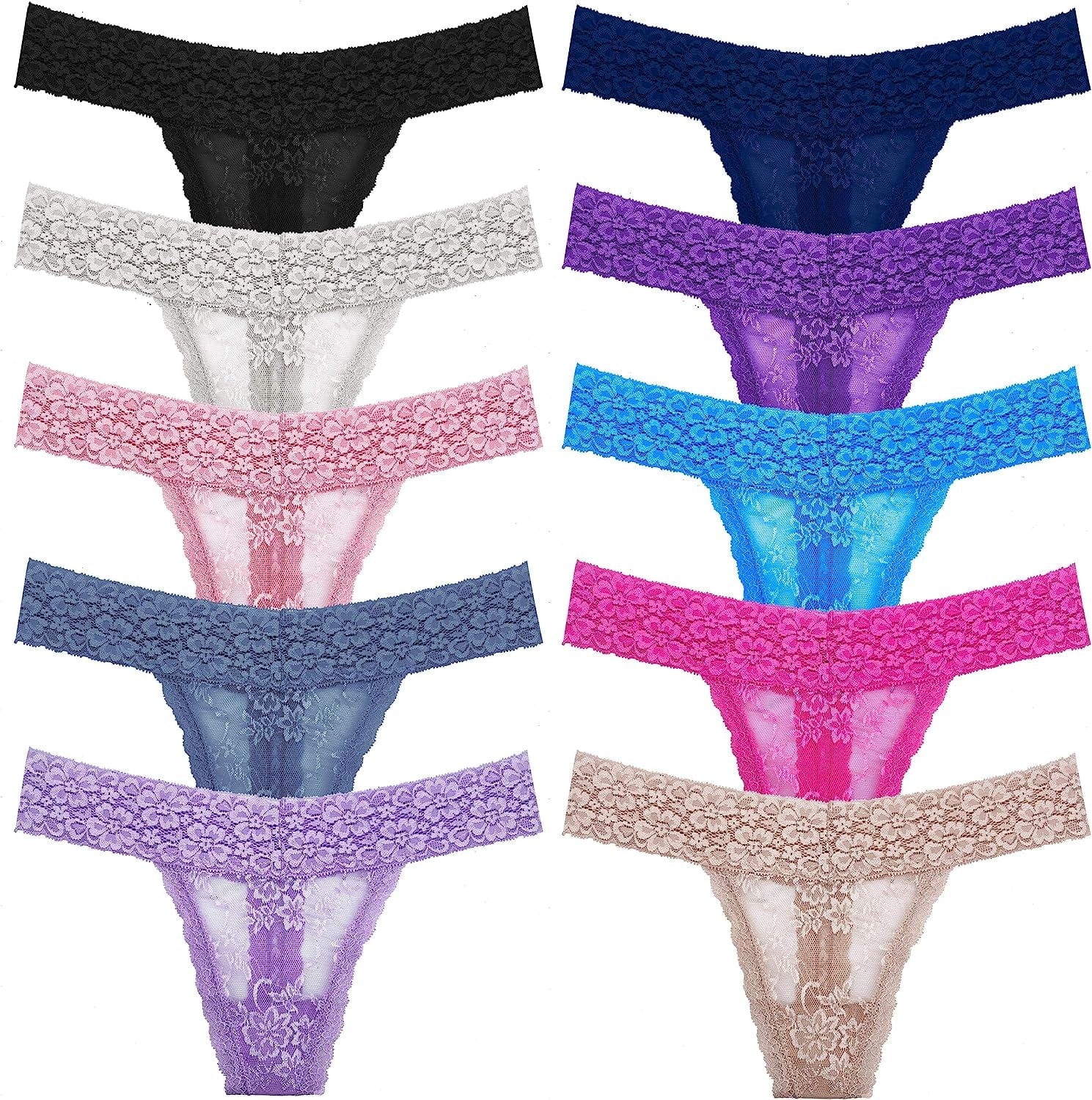 WKFIINM Pack 6 High Waisted Lace Thong for Women Cotton Underwear plus Size High Rise Retro Tummy Control Thongs Panties