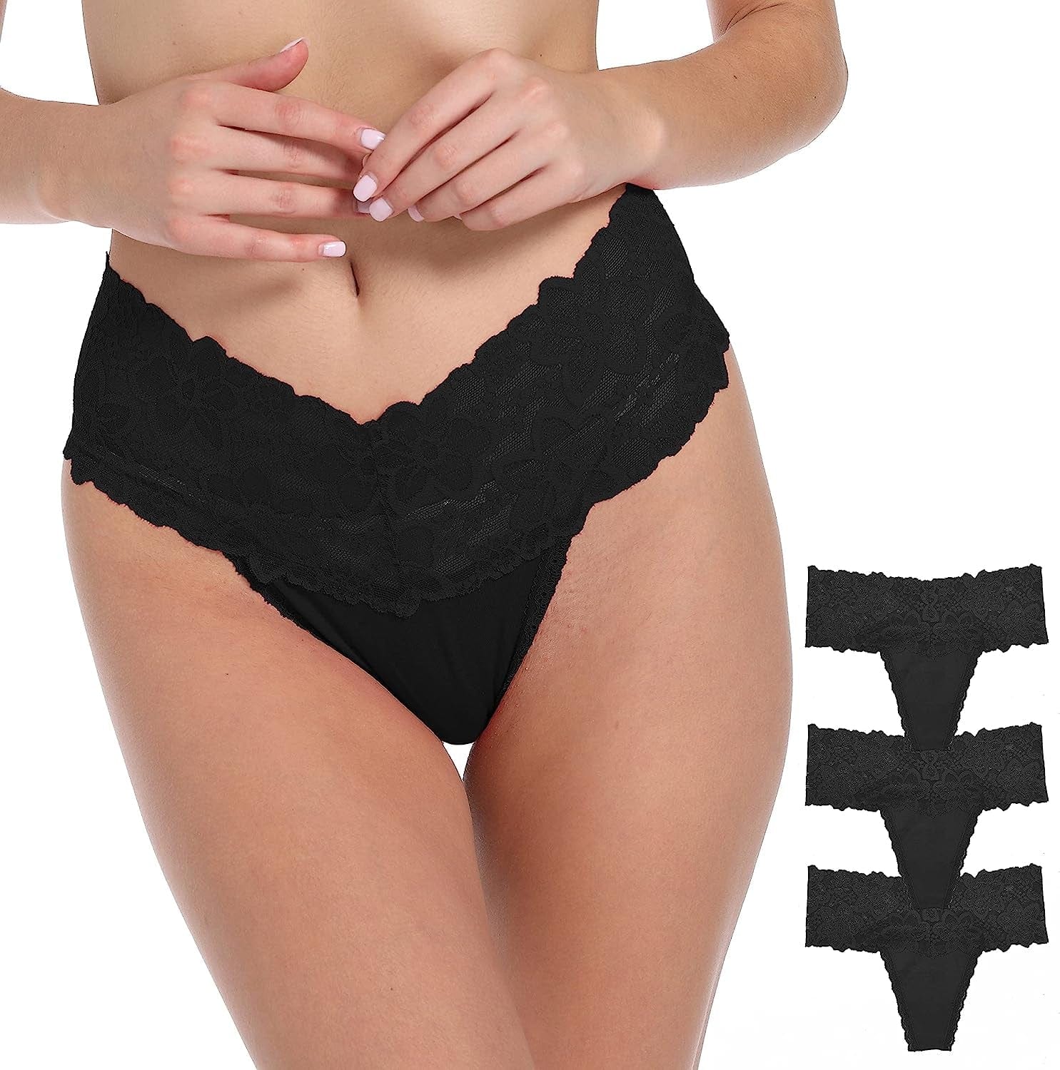 WKFIINM Pack 6 High Waisted Lace Thong for Women Cotton Underwear plus Size High Rise Retro Tummy Control Thongs Panties