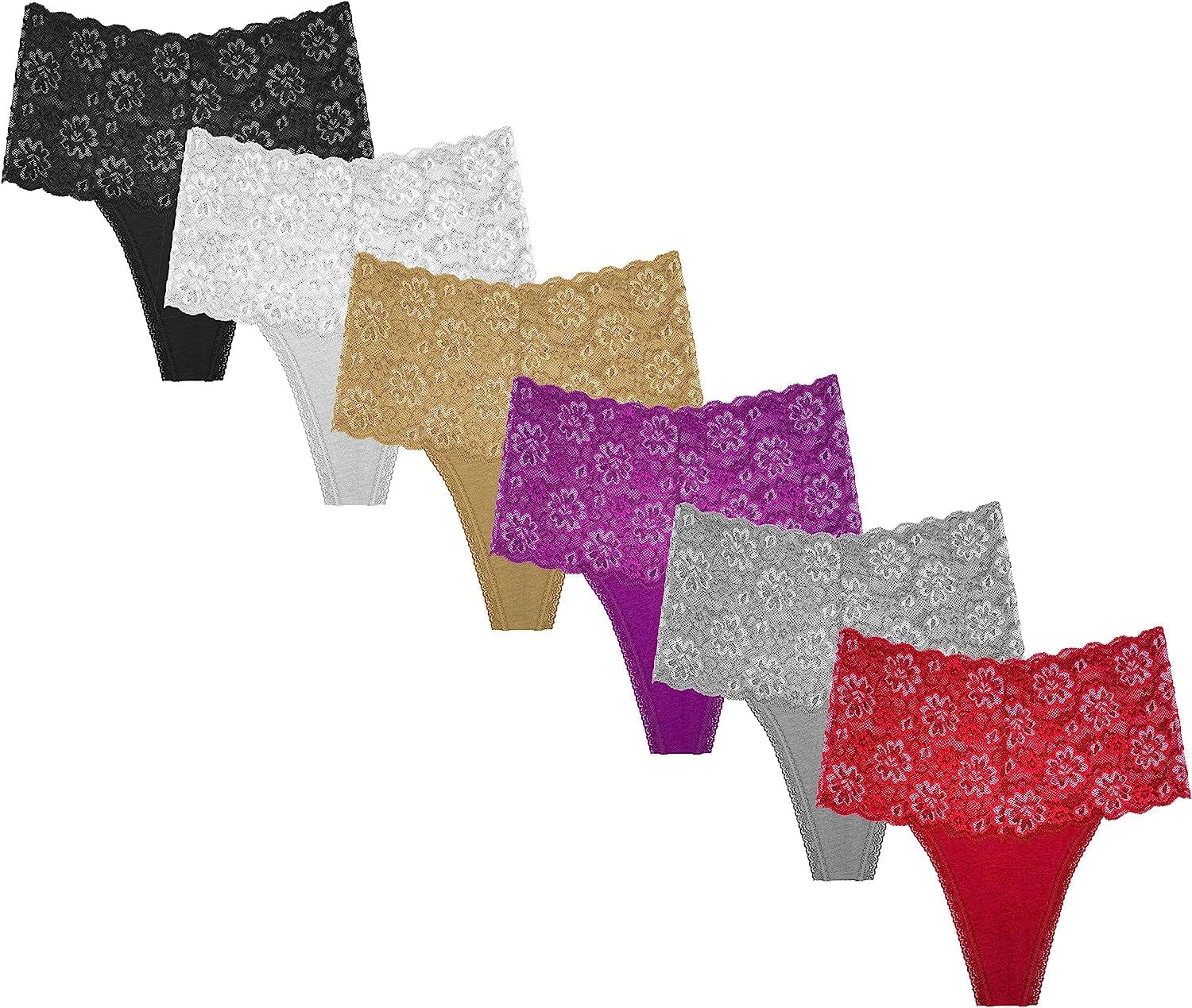 WKFIINM Pack 6 High Waisted Lace Thong for Women Cotton Underwear plus Size High Rise Retro Tummy Control Thongs Panties
