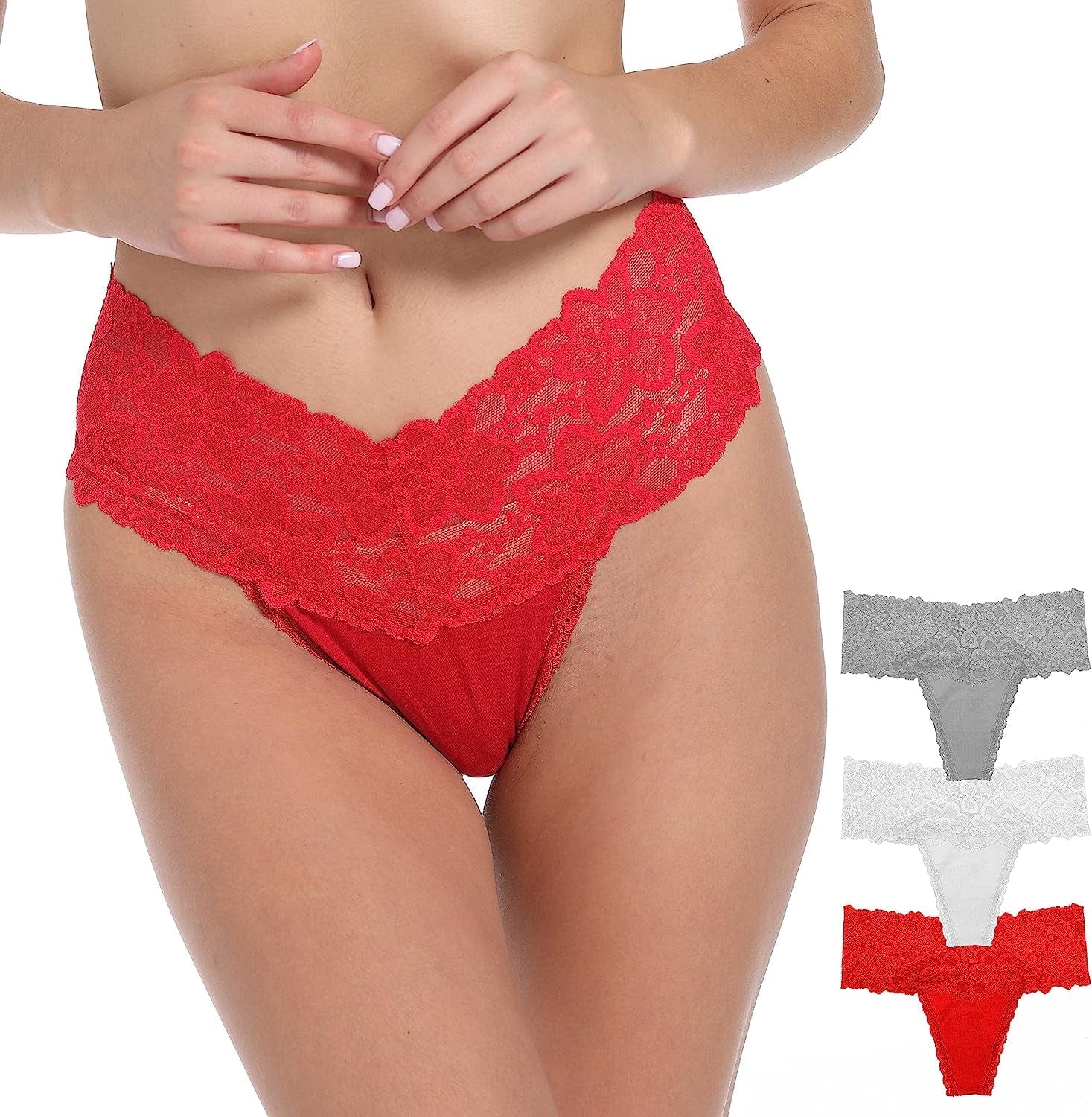 WKFIINM Pack 6 High Waisted Lace Thong for Women Cotton Underwear plus Size High Rise Retro Tummy Control Thongs Panties