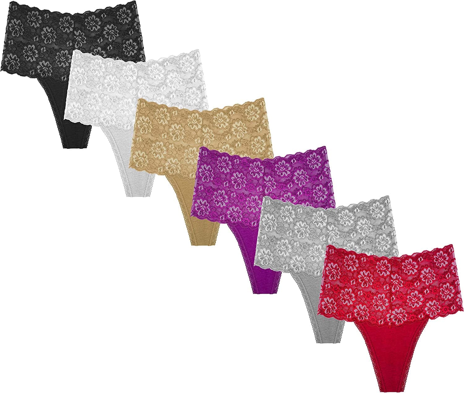 WKFIINM Pack 6 High Waisted Lace Thong for Women Cotton Underwear plus Size High Rise Retro Tummy Control Thongs Panties