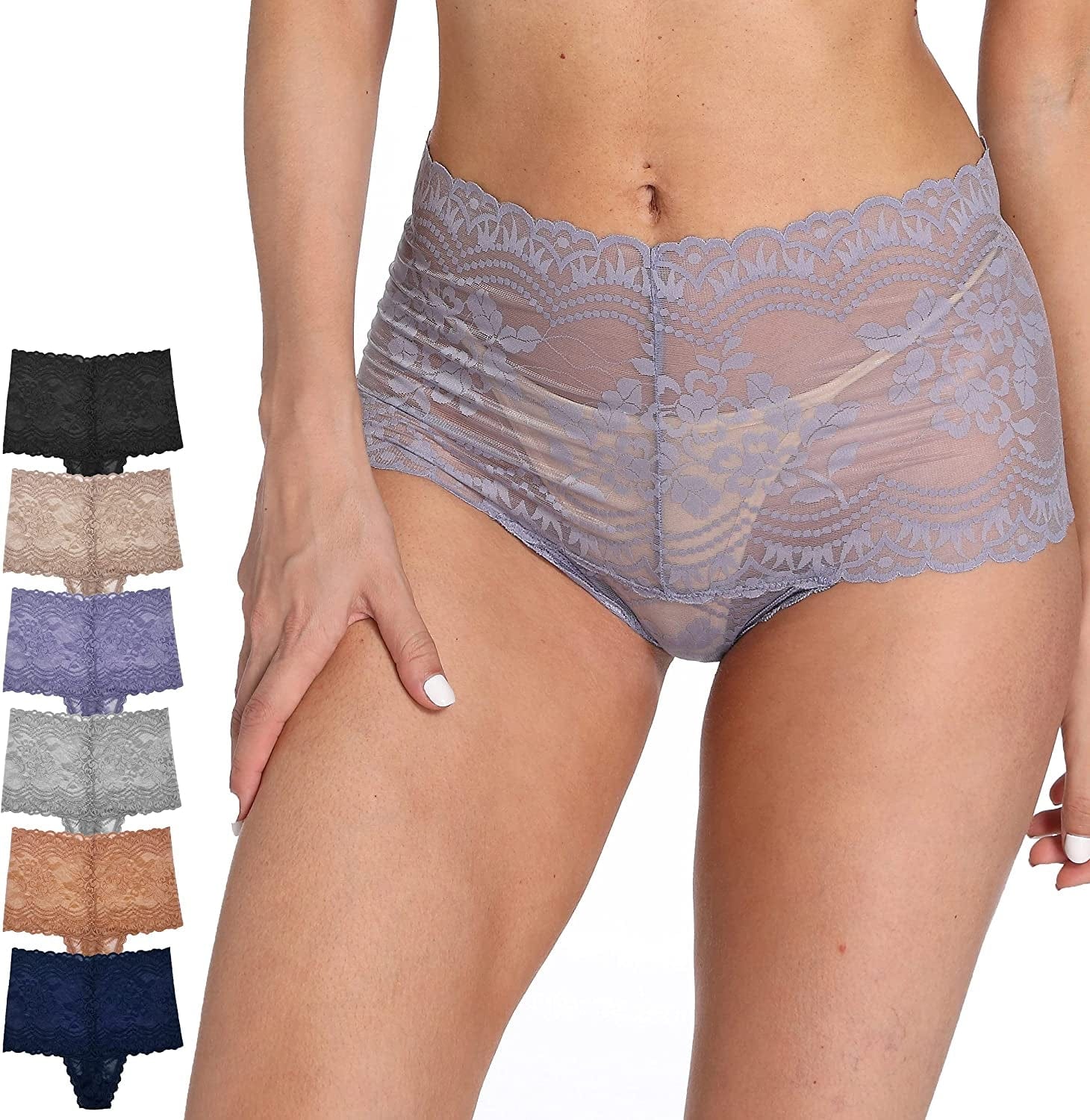 WKFIINM Pack 6 High Waisted Lace Thong for Women Cotton Underwear plus Size High Rise Retro Tummy Control Thongs Panties