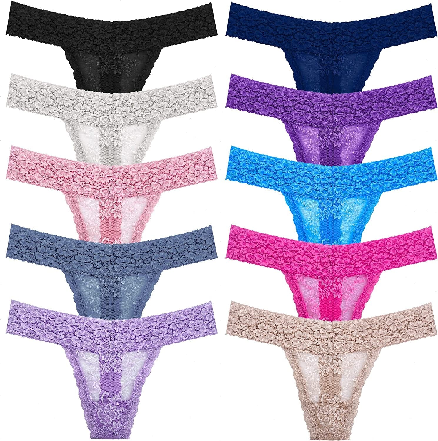 WKFIINM Pack 6 High Waisted Lace Thong for Women Cotton Underwear plus Size High Rise Retro Tummy Control Thongs Panties