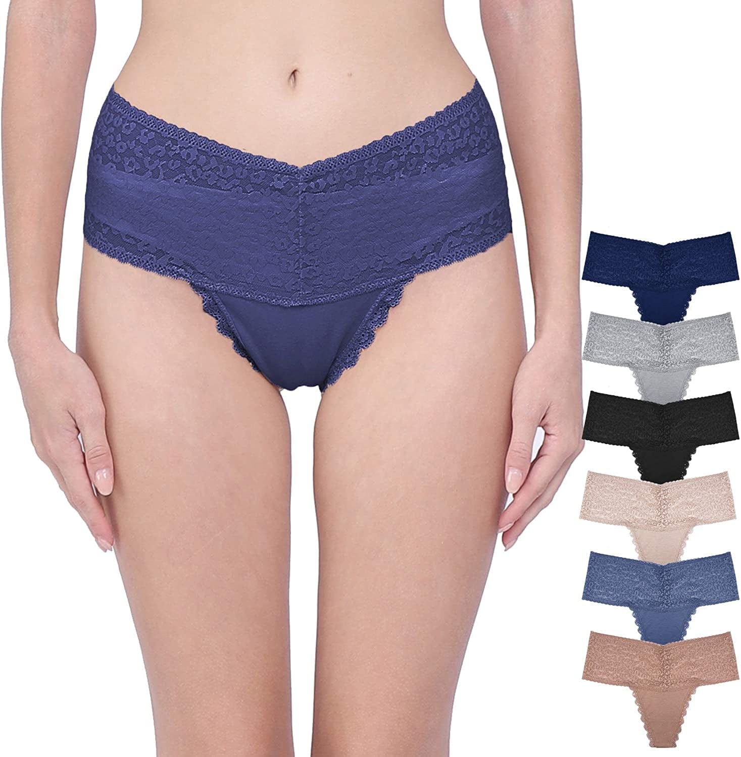 WKFIINM Pack 6 High Waisted Lace Thong for Women Cotton Underwear plus Size High Rise Retro Tummy Control Thongs Panties