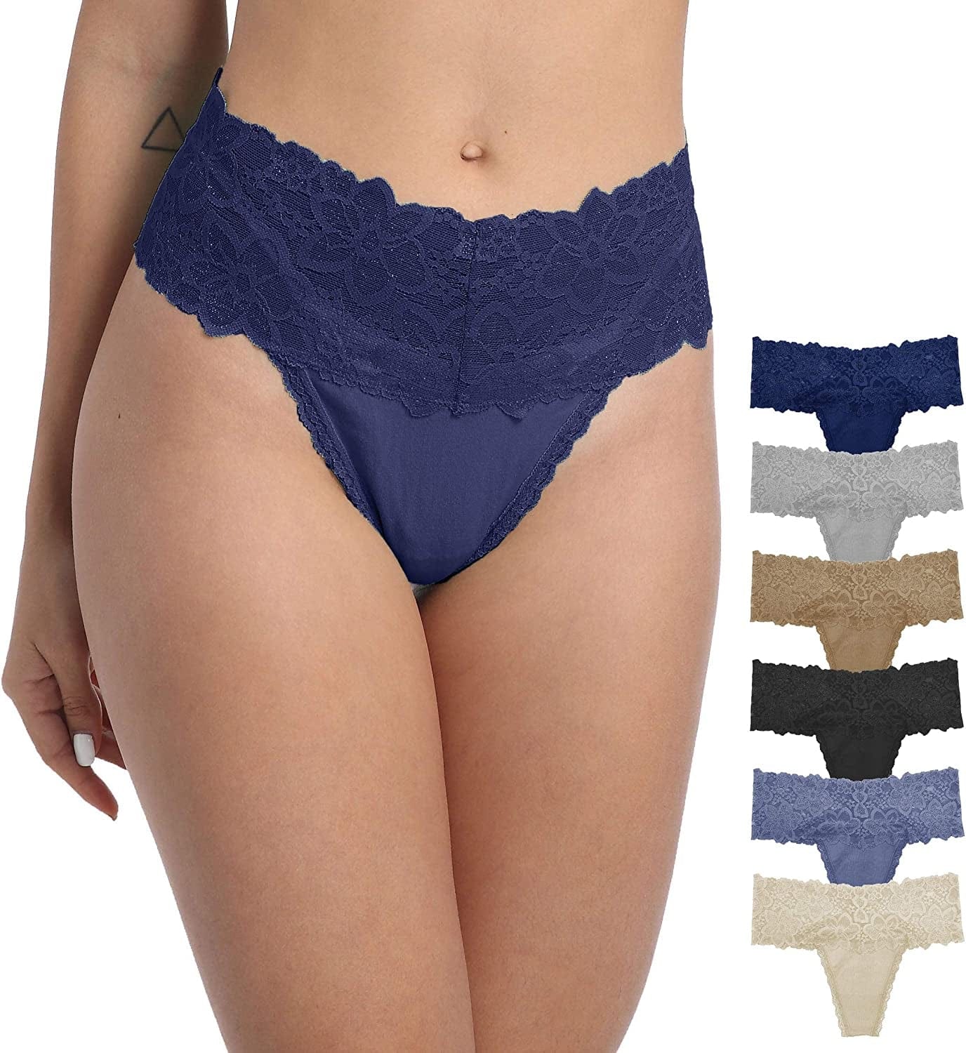 WKFIINM Pack 6 High Waisted Lace Thong for Women Cotton Underwear plus Size High Rise Retro Tummy Control Thongs Panties
