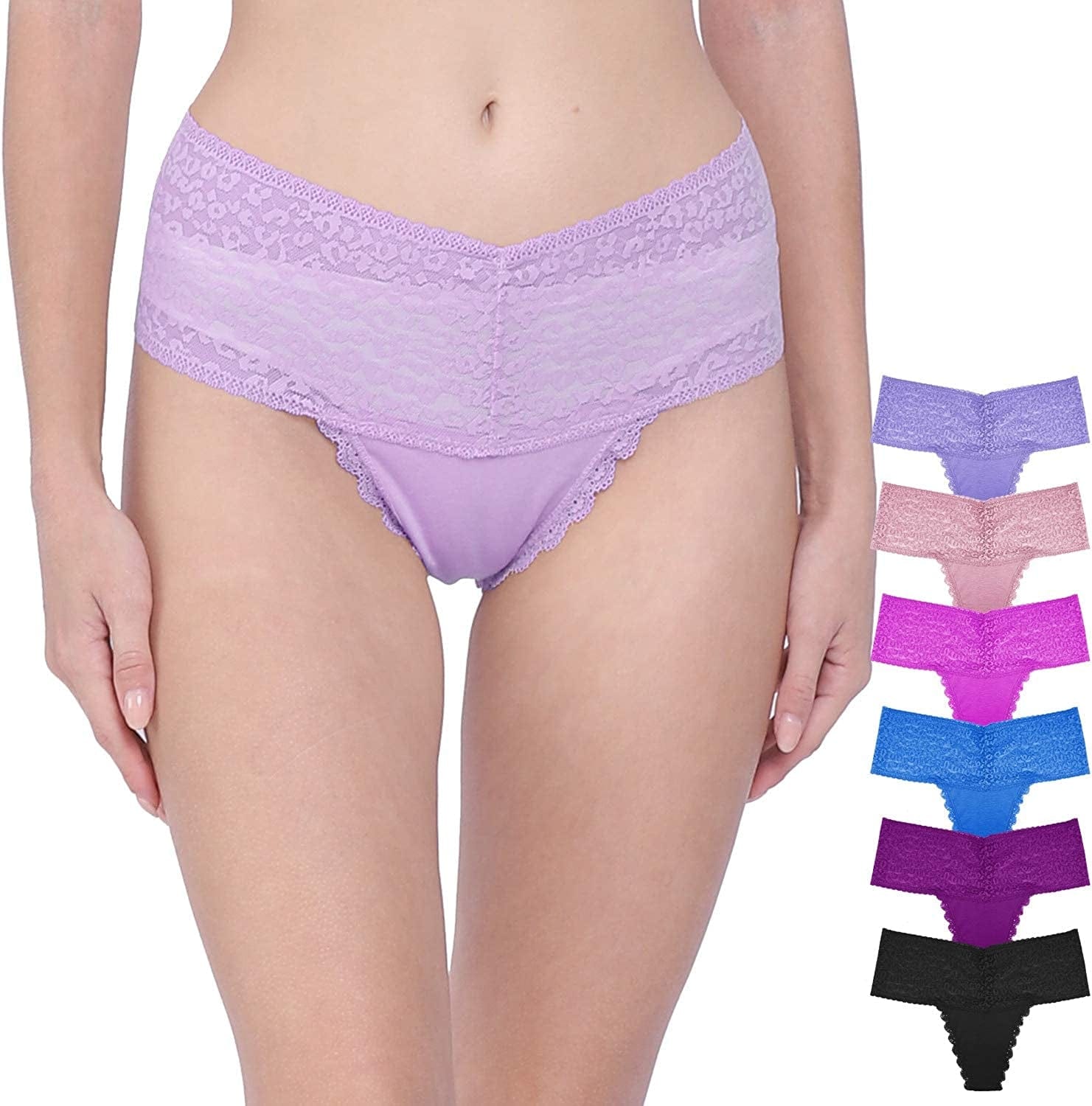 WKFIINM Pack 6 High Waisted Lace Thong for Women Cotton Underwear plus Size High Rise Retro Tummy Control Thongs Panties