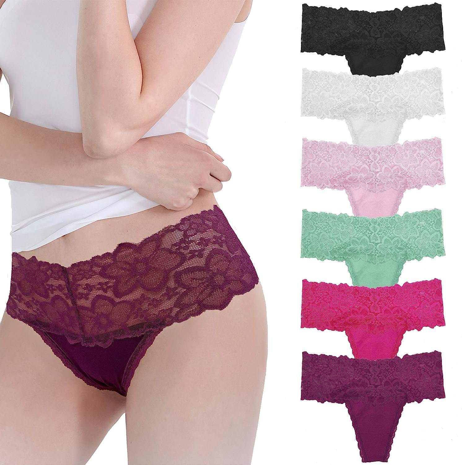 WKFIINM Pack 6 High Waisted Lace Thong for Women Cotton Underwear plus Size High Rise Retro Tummy Control Thongs Panties