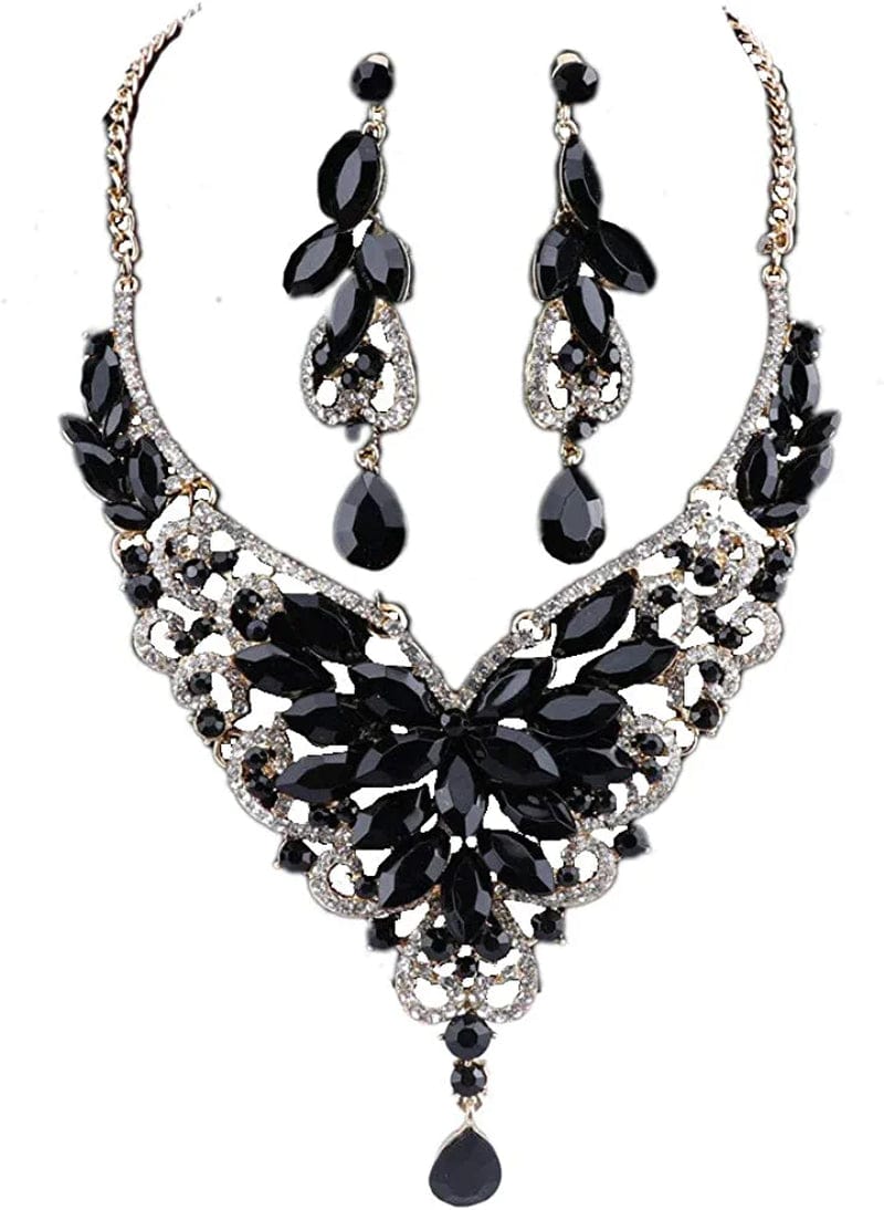 Women 18K Gold Plated Rhinestone Crystal Pendant Necklace Earring Bridal Party Jewelry Sets Black 1
