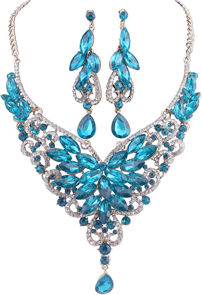 Women 18K Gold Plated Rhinestone Crystal Pendant Necklace Earring Bridal Party Jewelry Sets Lake Blue 1