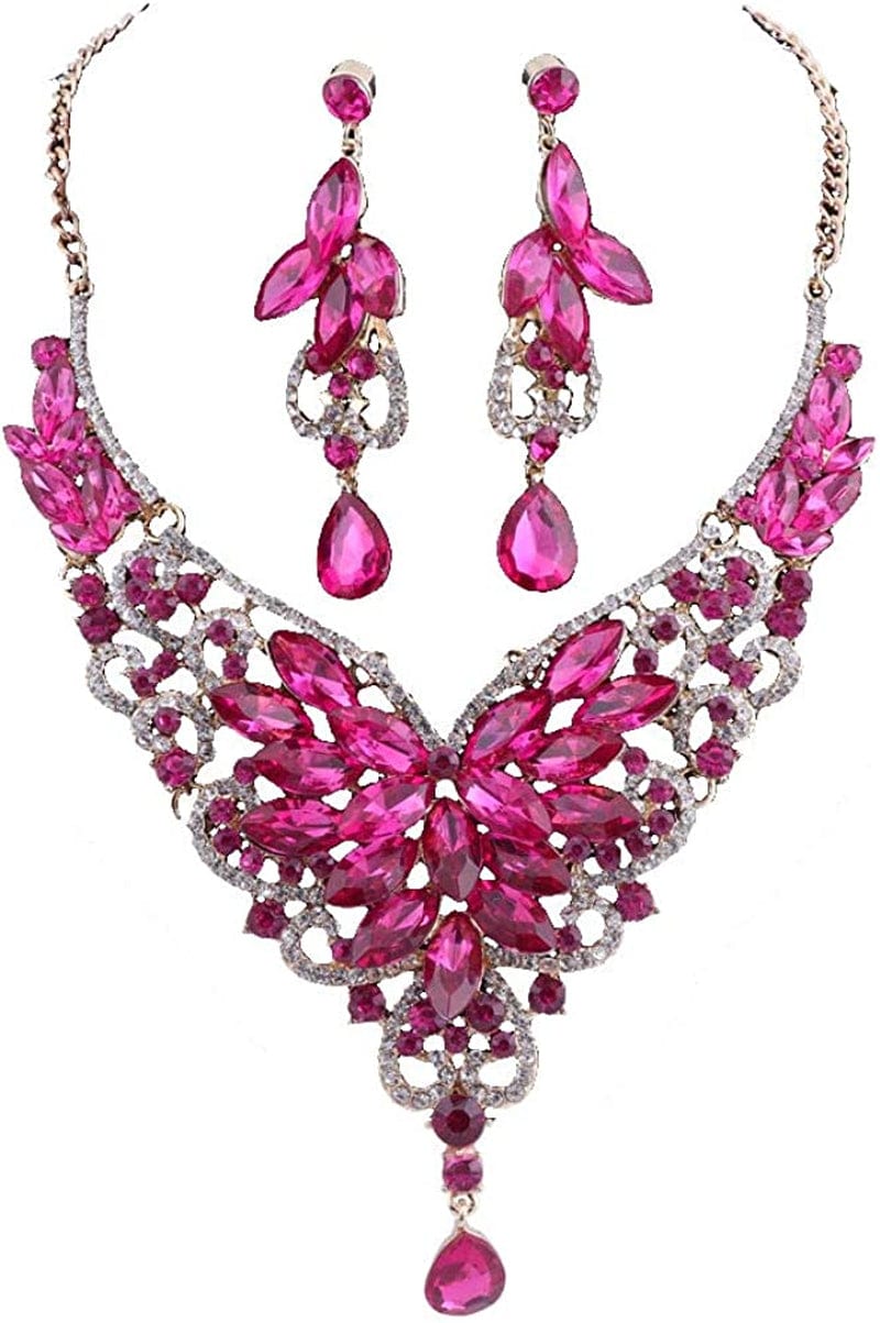 Women 18K Gold Plated Rhinestone Crystal Pendant Necklace Earring Bridal Party Jewelry Sets Rose Red