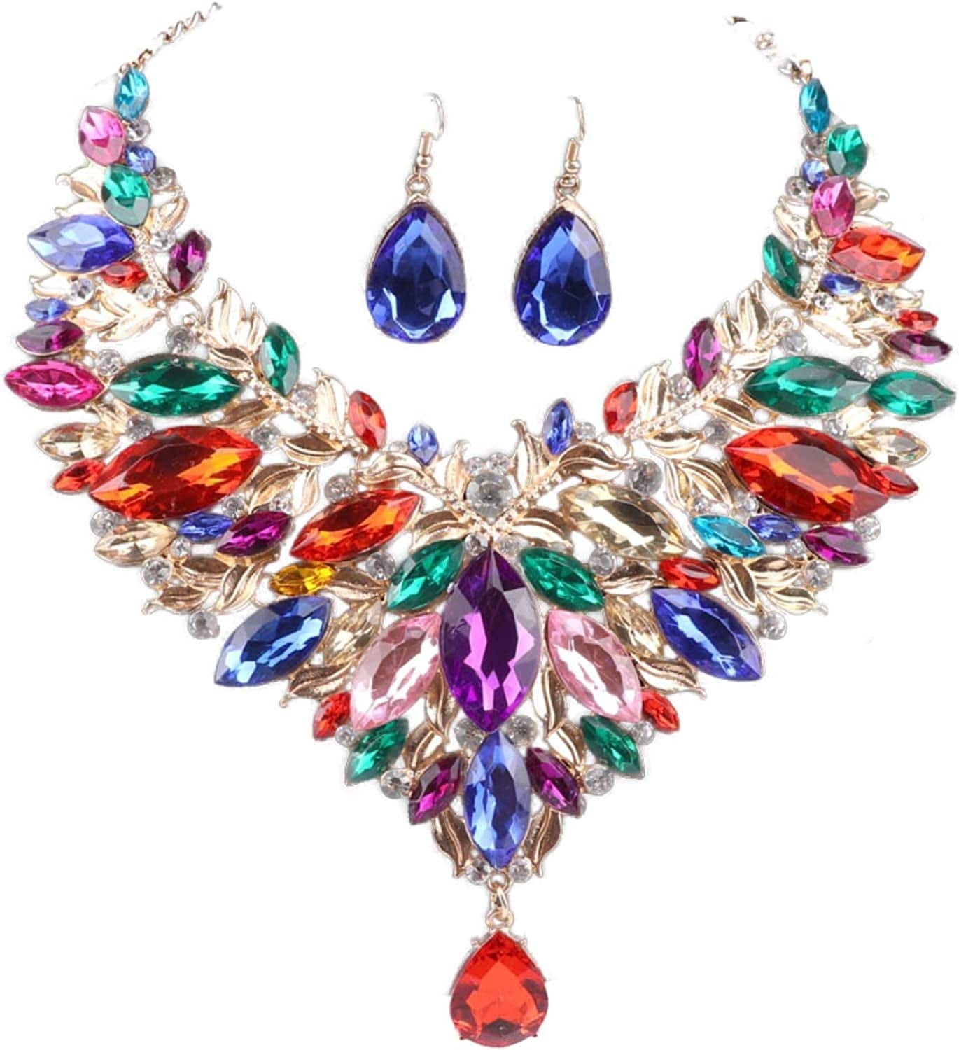 Women 18K Gold Plated Rhinestone Crystal Pendant Necklace Earring Bridal Party Jewelry Sets Colorful