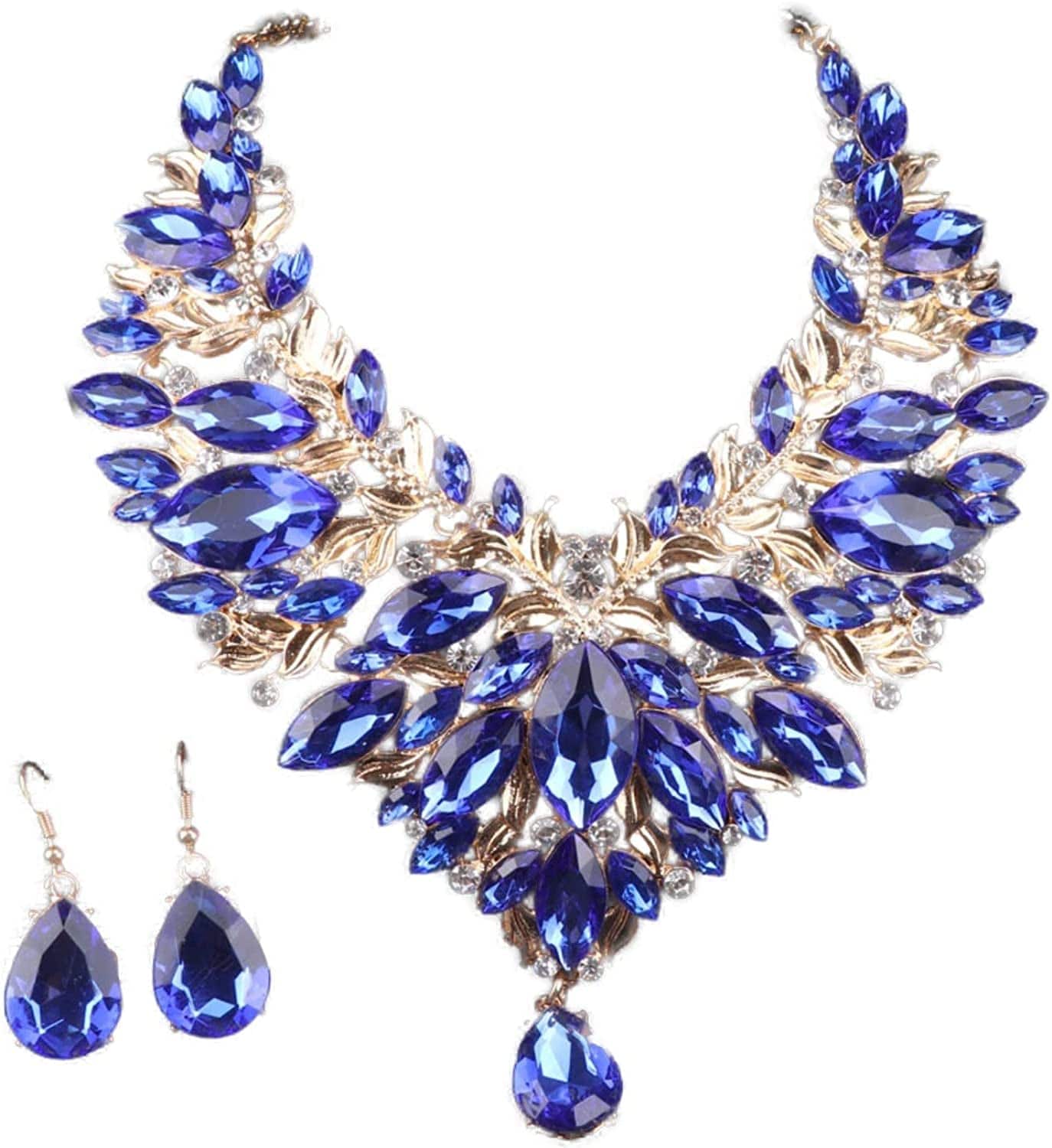 Women 18K Gold Plated Rhinestone Crystal Pendant Necklace Earring Bridal Party Jewelry Sets Blue