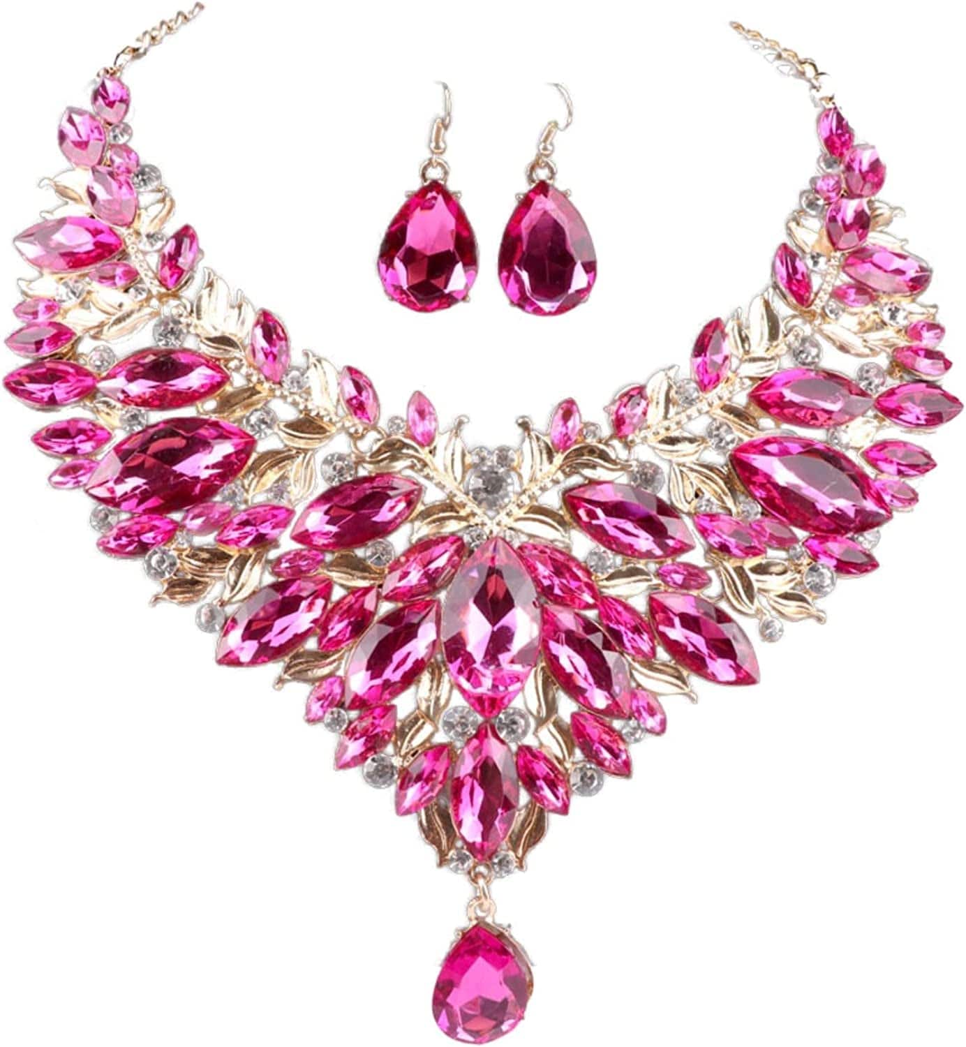 Women 18K Gold Plated Rhinestone Crystal Pendant Necklace Earring Bridal Party Jewelry Sets Pink