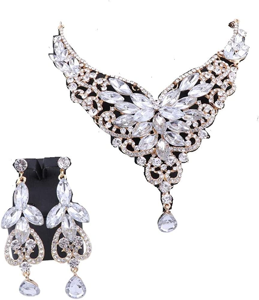 Women 18K Gold Plated Rhinestone Crystal Pendant Necklace Earring Bridal Party Jewelry Sets Gold White