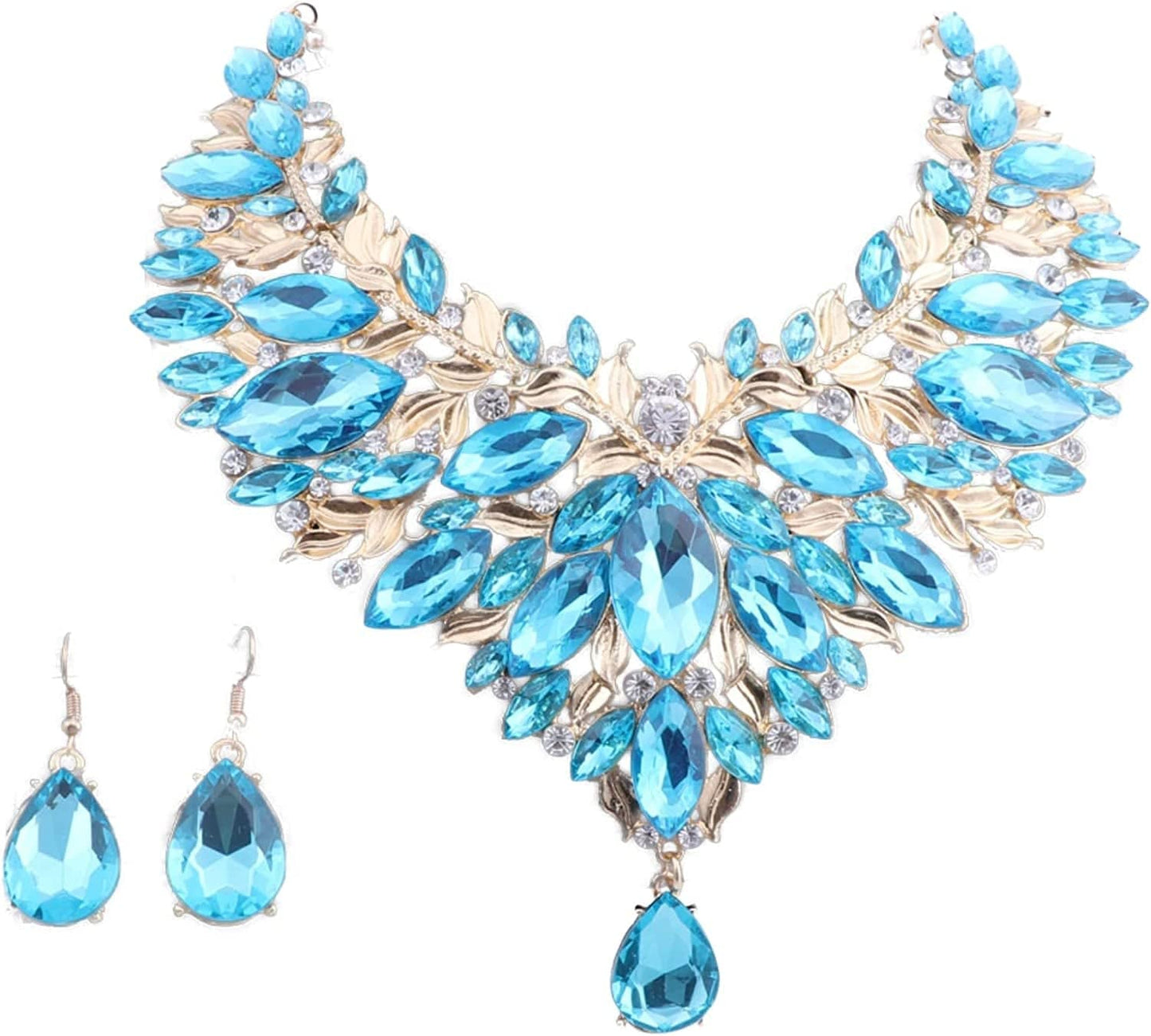 Women 18K Gold Plated Rhinestone Crystal Pendant Necklace Earring Bridal Party Jewelry Sets Lake Blue
