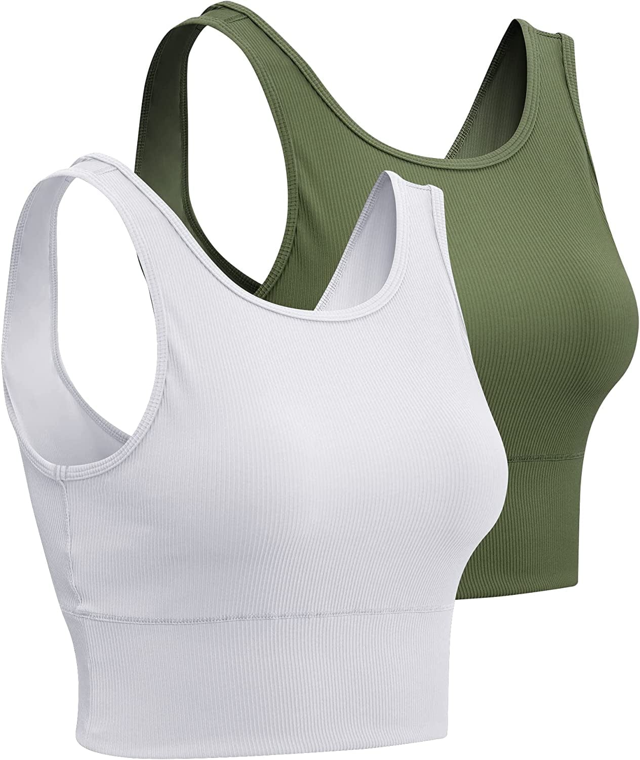 Women Basic Crop Tank Tops Sleeveless Workout Tanks Ribbed Training Tank Shirts White+army / Small
