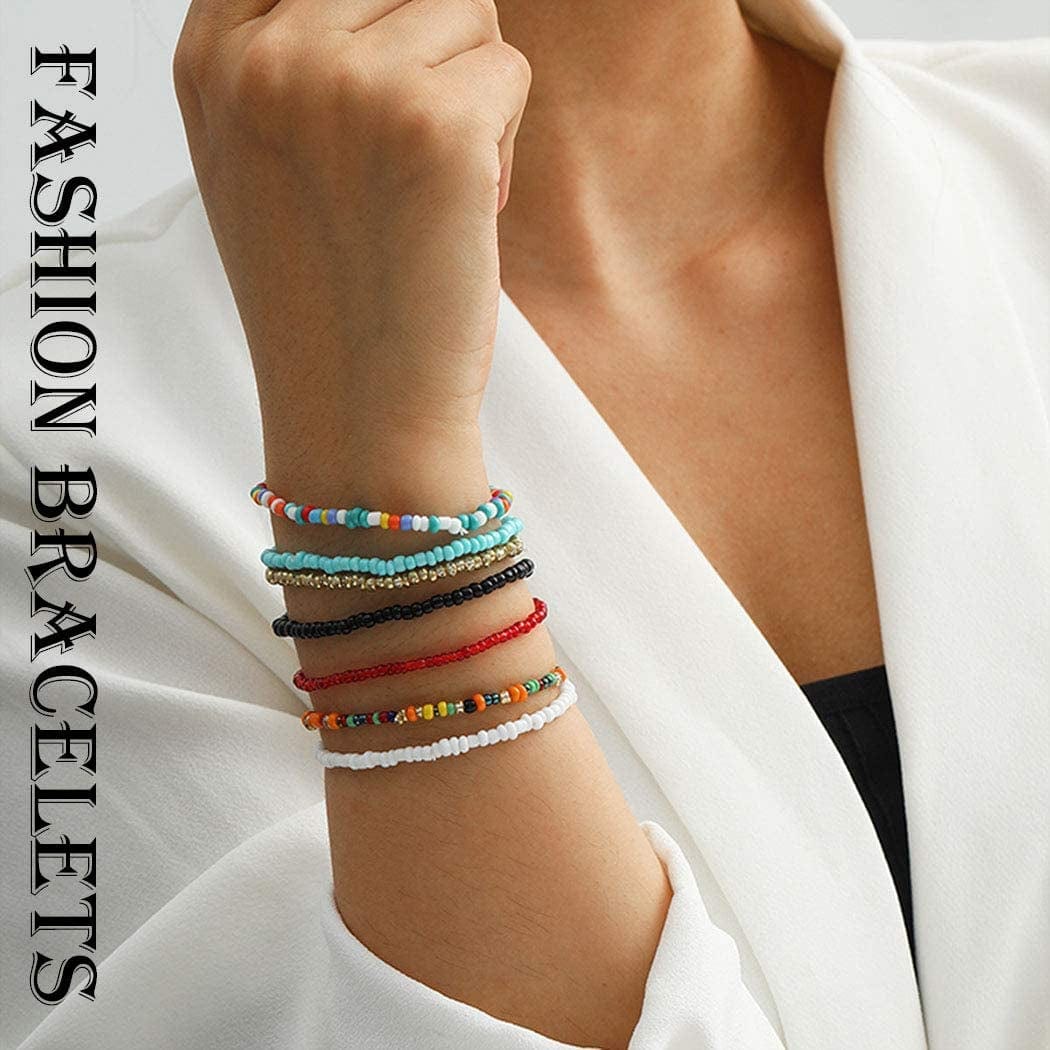 Women Boho Beads Anklets Colorful Stretch Rainbow Ankle Bracelets Beaded Bracelet Elastic Foot and Hand Chain Jewelry (7PCS) Apparel & Accessories > Jewelry > Anklets VFlowee