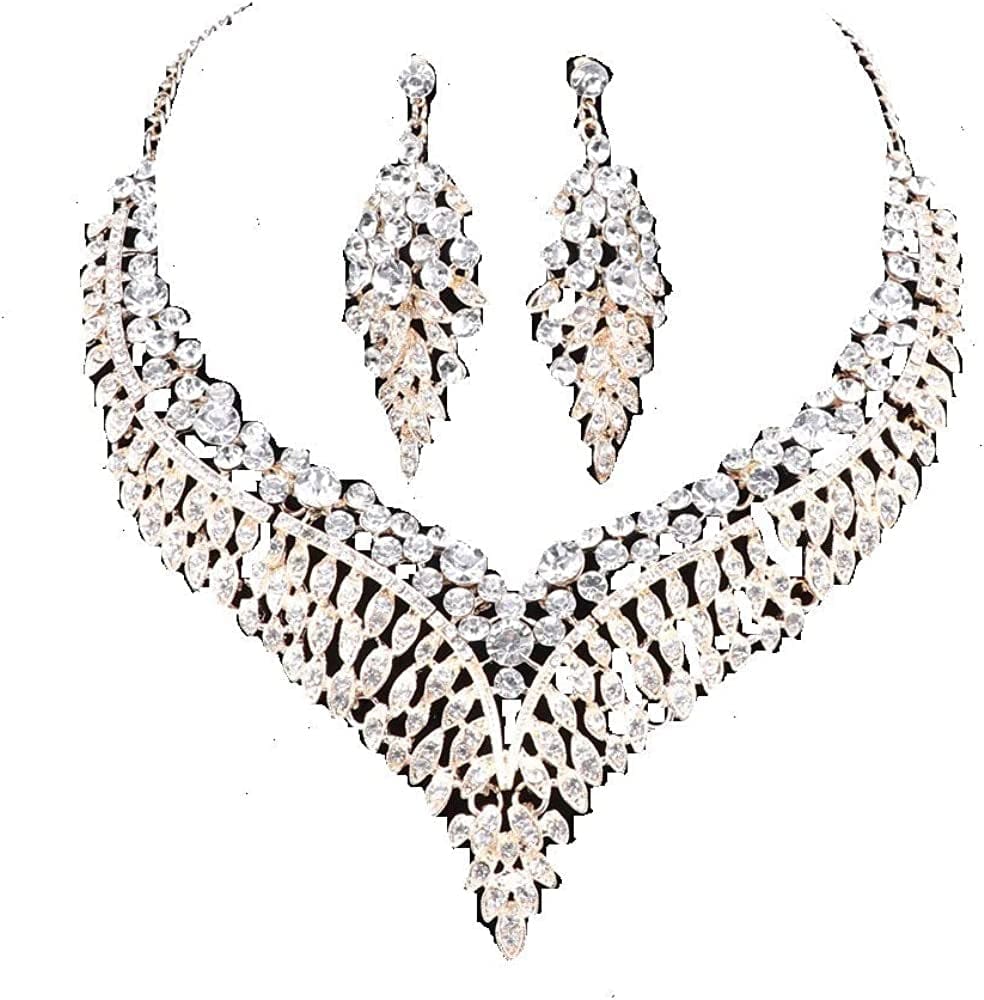 Women Bridal Rhinestone Crystal Statement Necklace Earring Wedding Dress Jewelry Sets White1