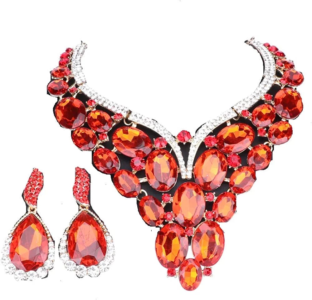 Women Bridal Rhinestone Crystal Statement Necklace Earring Wedding Dress Jewelry Sets Red