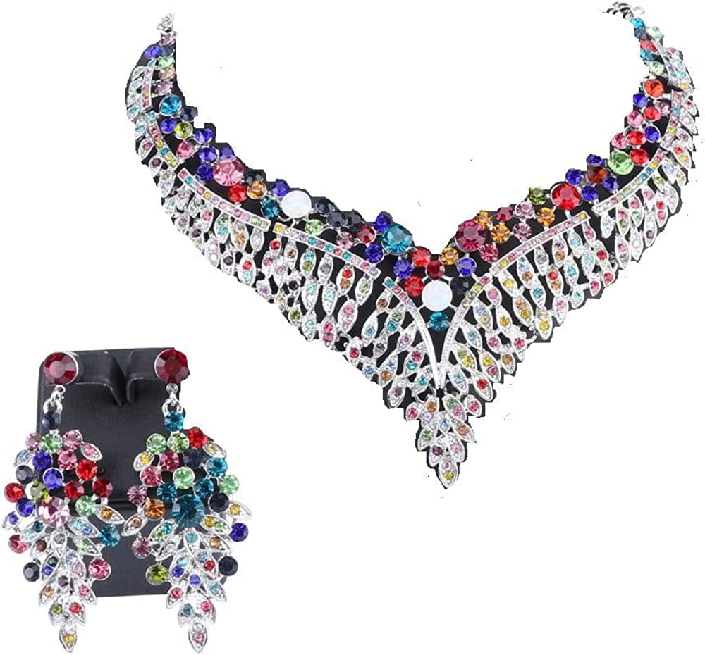 Women Bridal Rhinestone Crystal Statement Necklace Earring Wedding Dress Jewelry Sets Silver Colorful