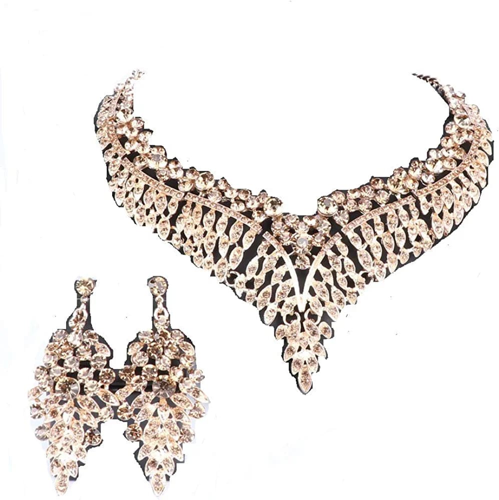 Women Bridal Rhinestone Crystal Statement Necklace Earring Wedding Dress Jewelry Sets Champagne1