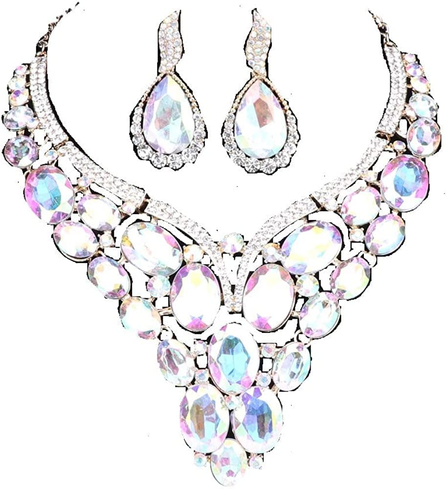 Women Bridal Rhinestone Crystal Statement Necklace Earring Wedding Dress Jewelry Sets AB