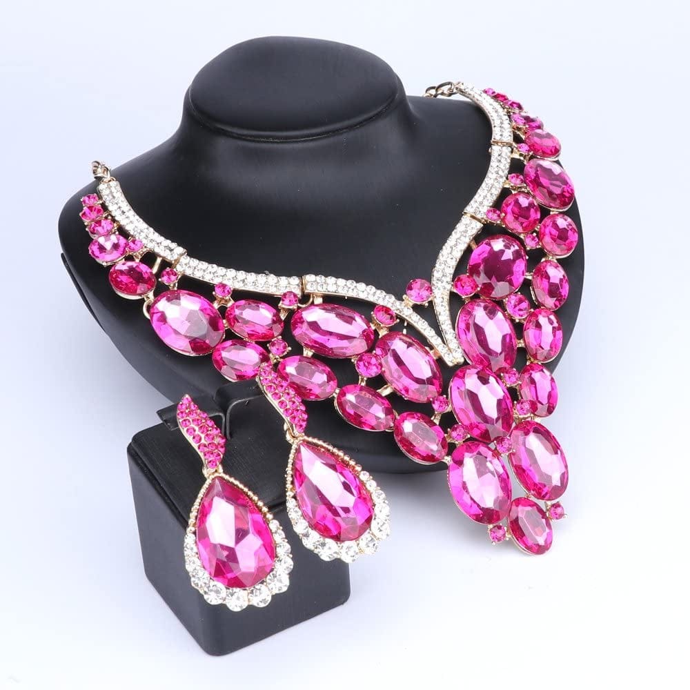 Women Bridal Rhinestone Crystal Statement Necklace Earring Wedding Dress Jewelry Sets