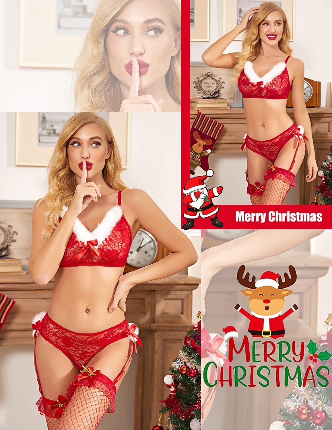 Women Christmas Lingerie Two Piece Santa Bra and Panty with Garter Belt Set Red Lace Babydoll