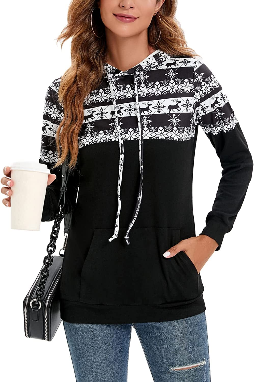Women Drawstring Pullover Hoodies Casual Long Sleeve Tops Color Block Sweatshirts with Pocket (S-XXL) Deer Pattern Black / Medium