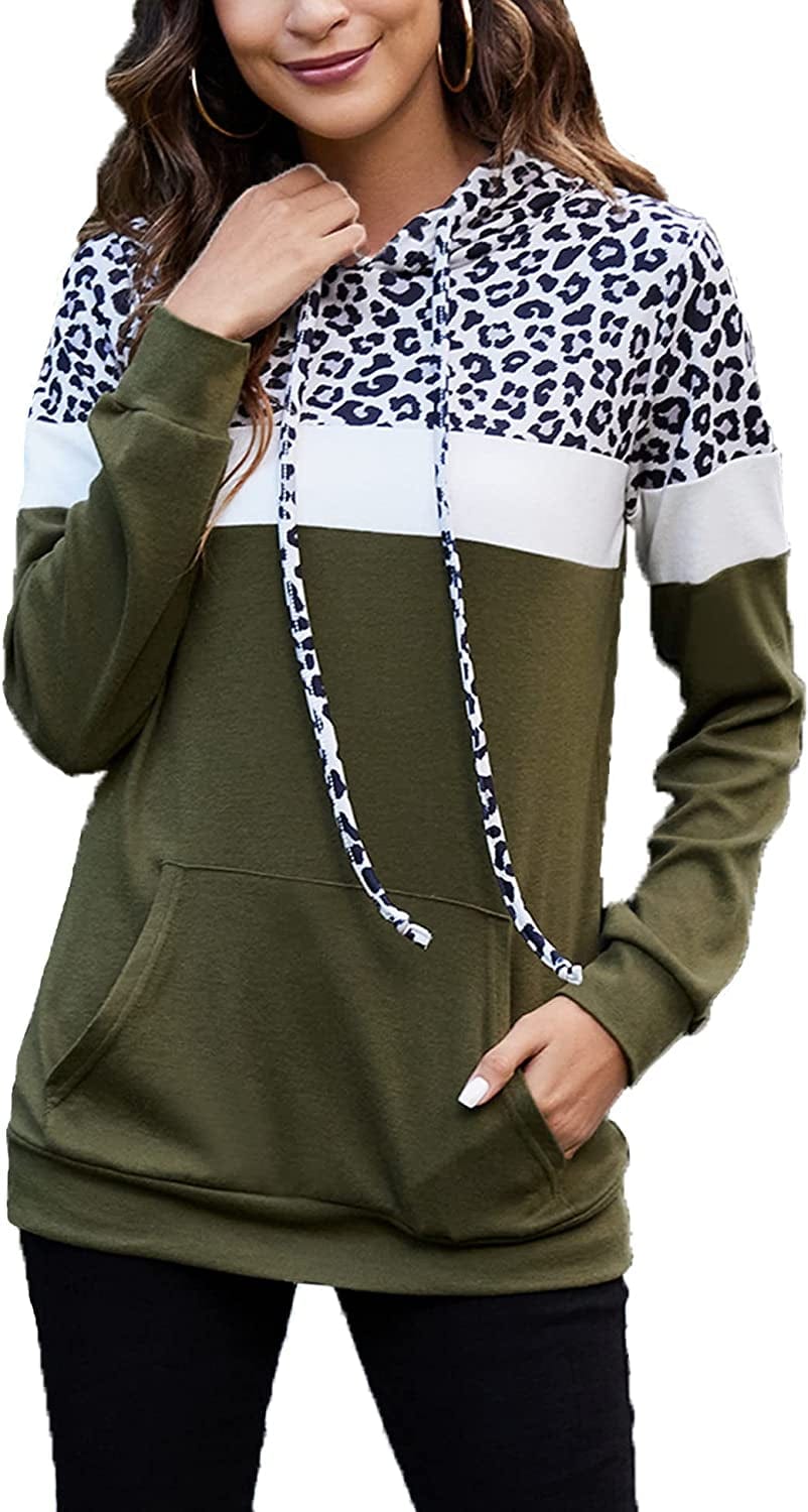 Women Drawstring Pullover Hoodies Casual Long Sleeve Tops Color Block Sweatshirts with Pocket (S-XXL) Leopard Olive Green / Small