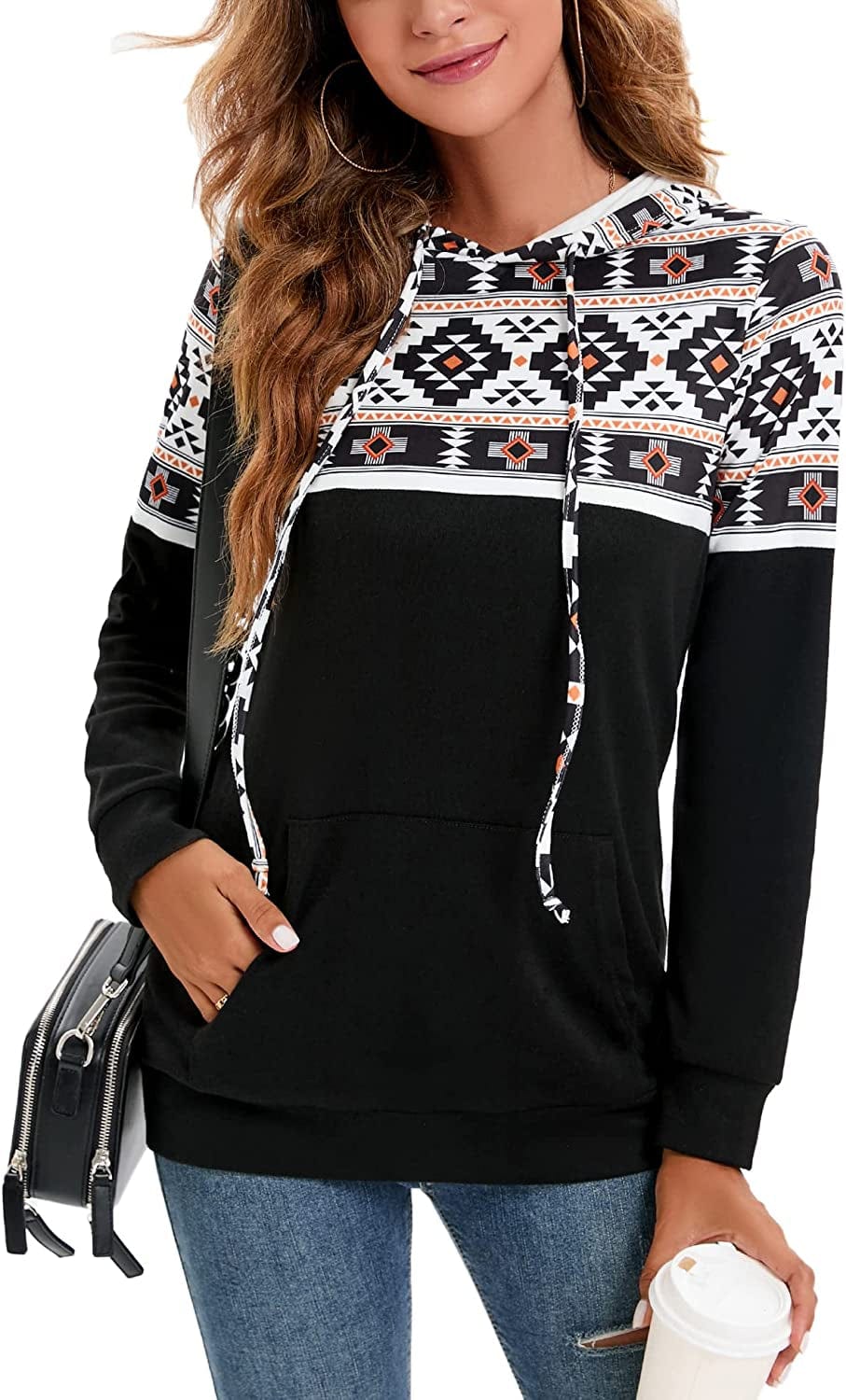 Women Drawstring Pullover Hoodies Casual Long Sleeve Tops Color Block Sweatshirts with Pocket (S-XXL) Triangle Pattern Black / Small