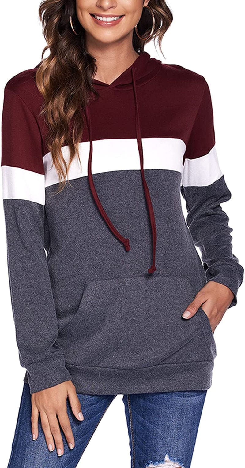 Women Drawstring Pullover Hoodies Casual Long Sleeve Tops Color Block Sweatshirts with Pocket (S-XXL) Wine Red / Small