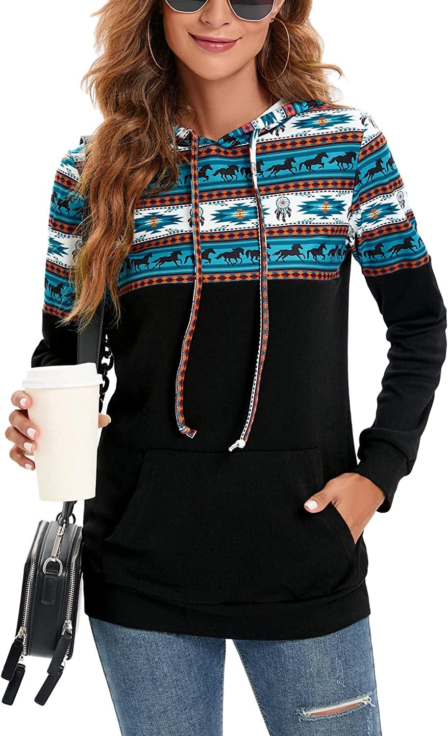 Women Drawstring Pullover Hoodies Casual Long Sleeve Tops Color Block Sweatshirts with Pocket (S-XXL) Horse Pattern Black / Medium