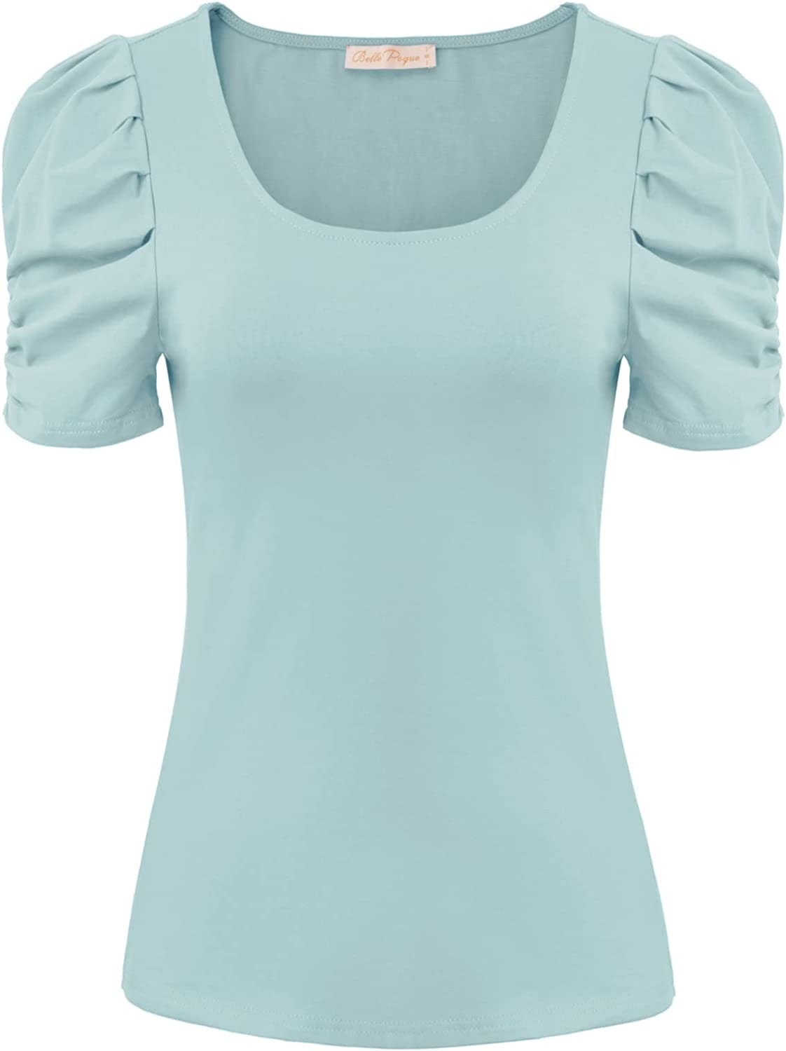 Women Elegant Puff Sleeve Top 1950S Vintage Blouse Tops for Casual Work BPS2079 Grey Blue / Large